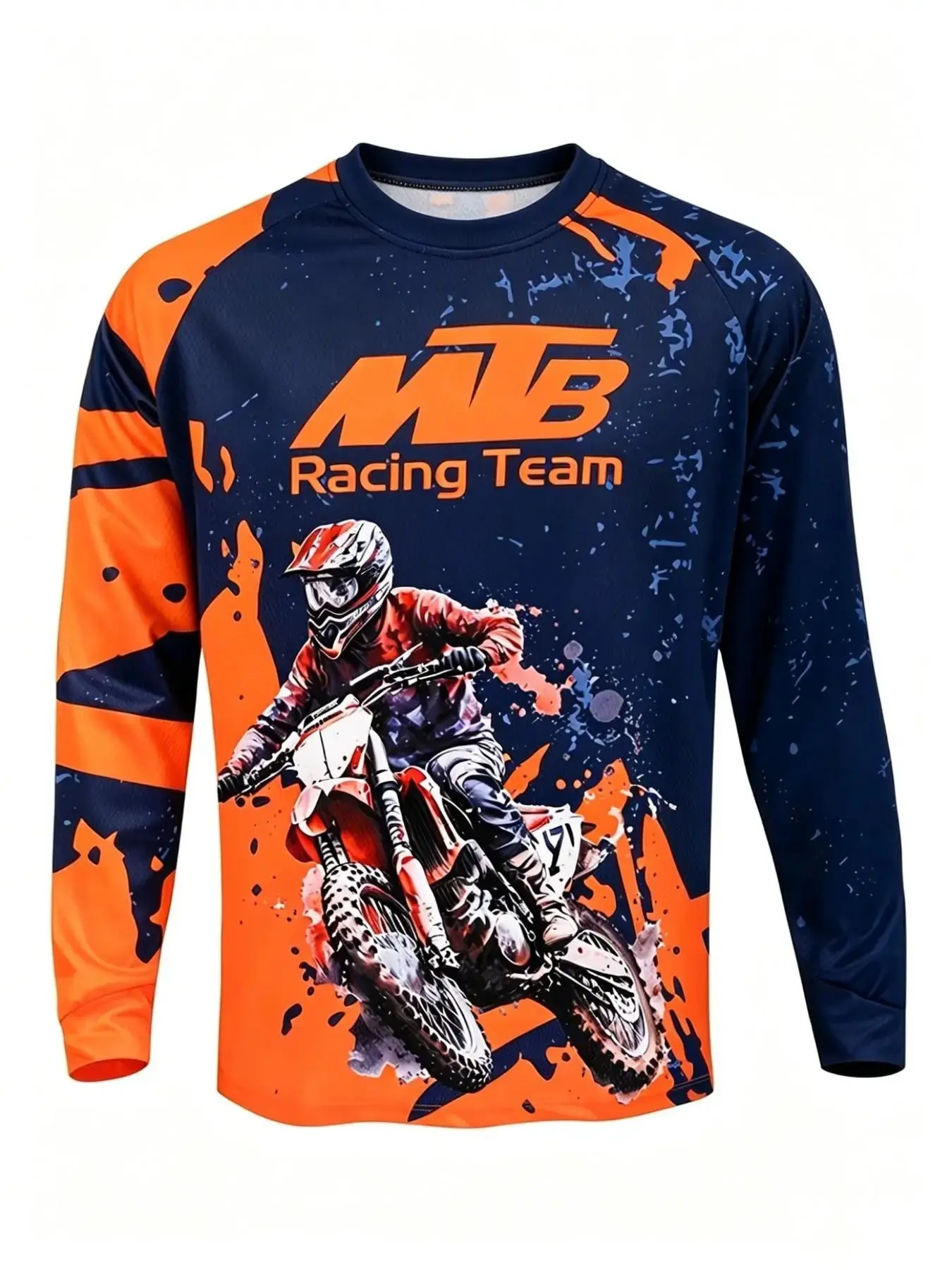 MTB Racing Team Long Sleeve Cycling Shirt, Watercolor Print, Lightweight Quick-Dry, Crew Neck Loose Fit, Mountain Bike Sports Top