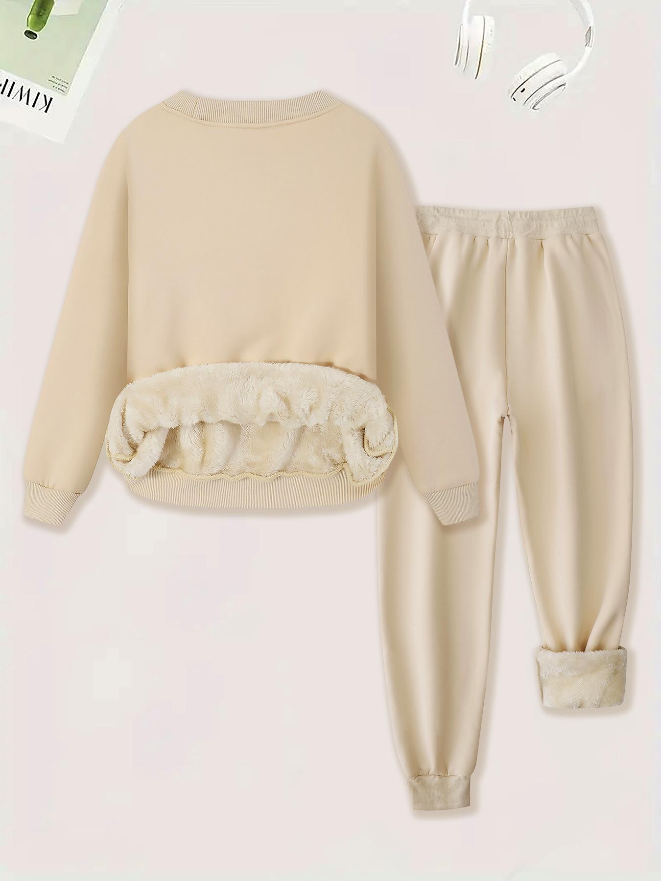 Women's Plain Soft Plush Lined Sweatshirt & Drawstring Waist Sweatpants Two-piece Set, Basic Casual Fitted Round Neck Long Sleeve Pullover & Pocket Jogger Pants, Women's Two-piece Outfits for Winter Womenswear
