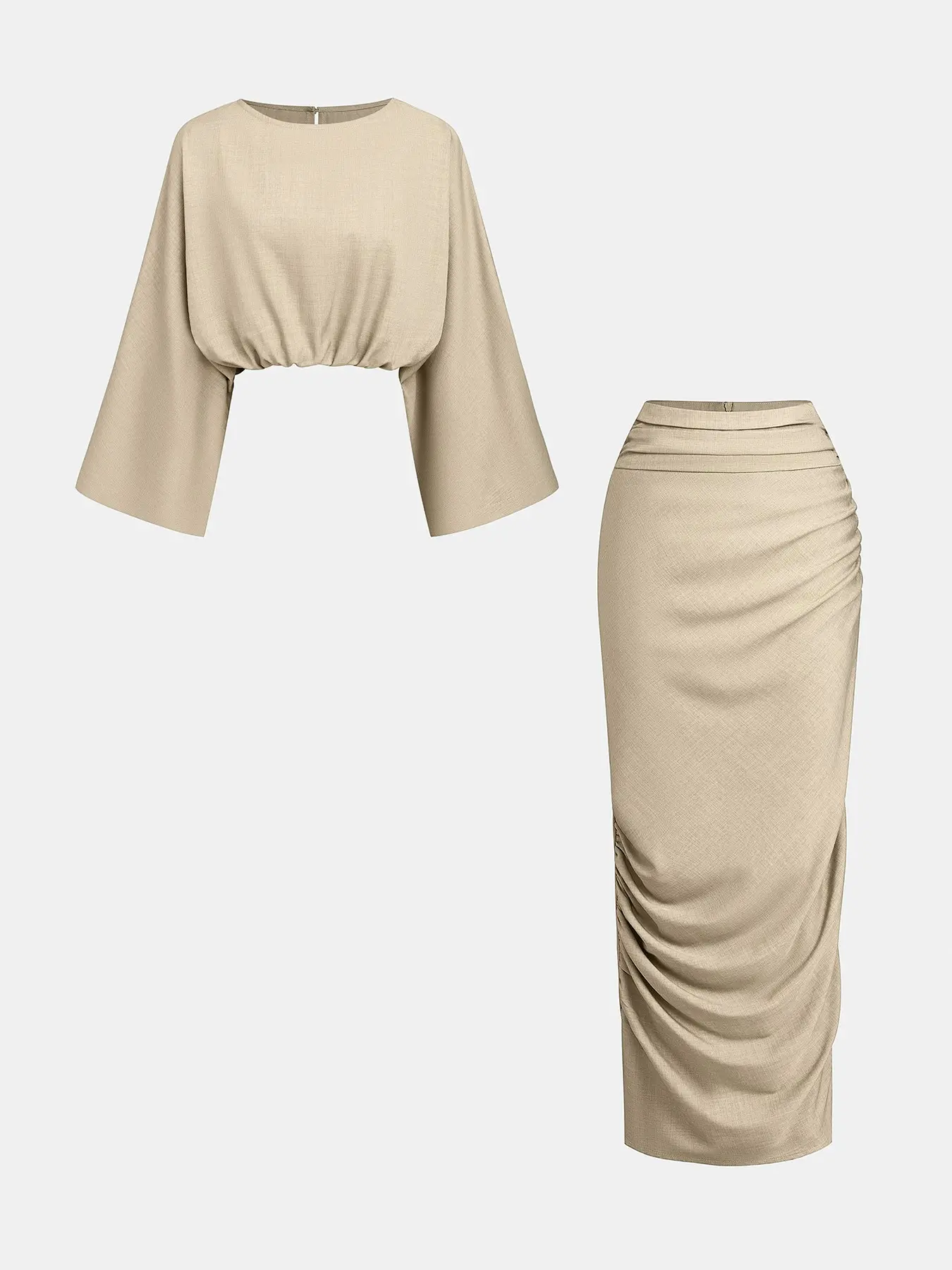 Effortless Casual Two-Piece Set | Batwing Sleeve Top & Mid-Rise Draped Maxi Skirt for Women, Non-Linen Non-Stretch Fabric with Single Pocket, Summer Vacation Boho Outfit & Everyday Wear