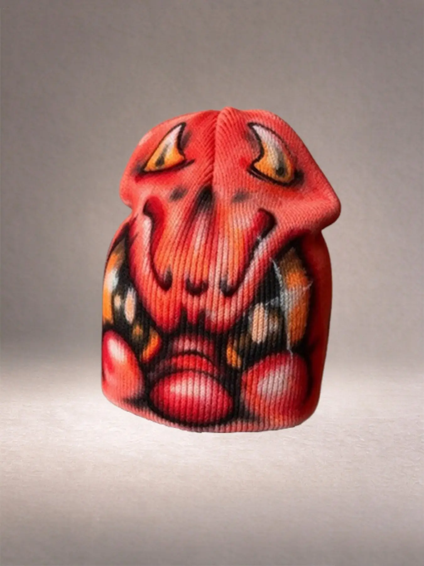 Original Hand-Painted Monster Face Knit Beanie, Alt Weird Graphic Skullcap Unisex Streetwear Hat
