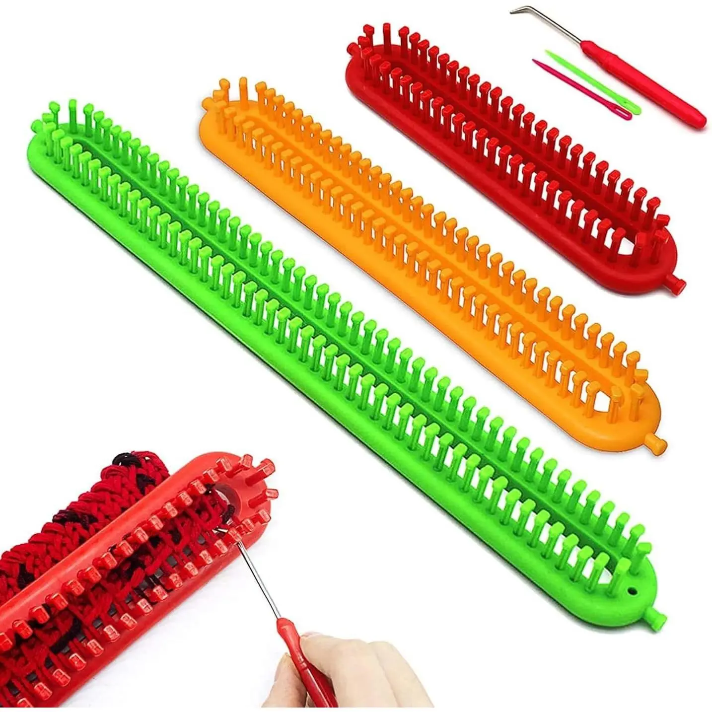 3 Pcs Rectangle Knitting Looms Set, Dense Pegs Loom Knitter in Different Sizes, Colorful Plastic Weaving Looms DIY Yarn Weaving Kits with Crochet Hook and Needle, Color Random
