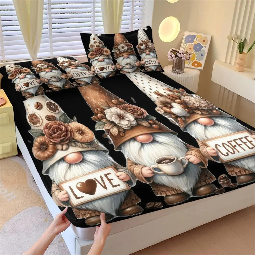 3Pcs Coffee Gnome Fitted Sheet Set, Cute Fall Bed Sheets Set, Aesthetic Farmhouse Bedding Set for Bedroom, Soft Microfiber Bedding Decor for Coffee Lovers, Cozy Room Essentials No Fillers