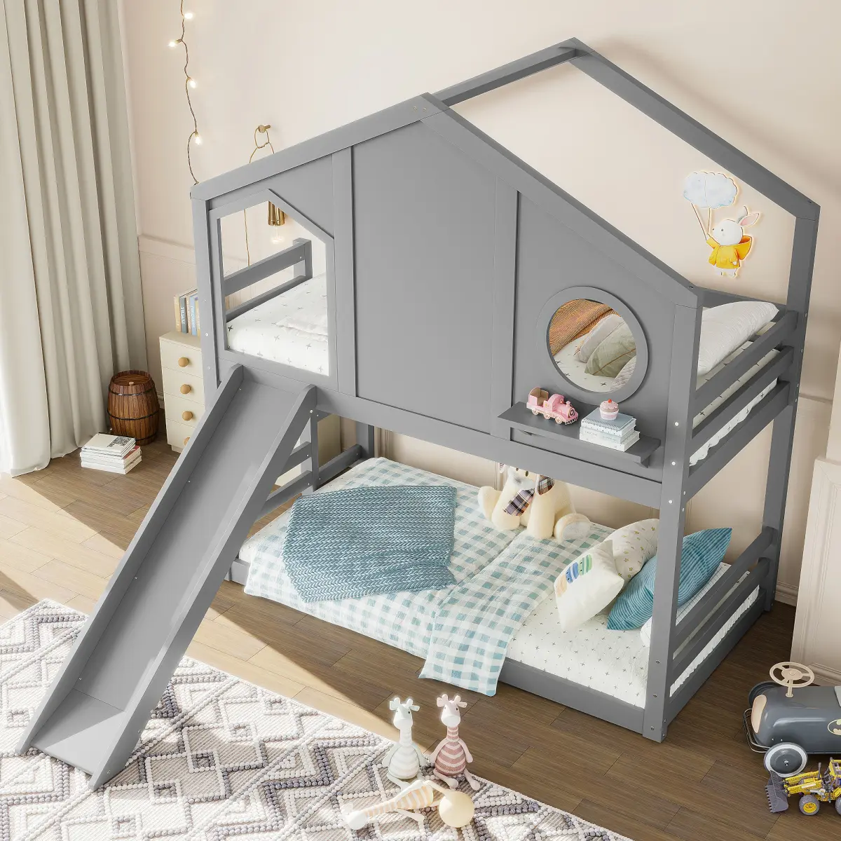 Twin House Bunk Bed with Slide and Storage Shelves, Solid Wood House Loft Bed with Window, Childlike Design