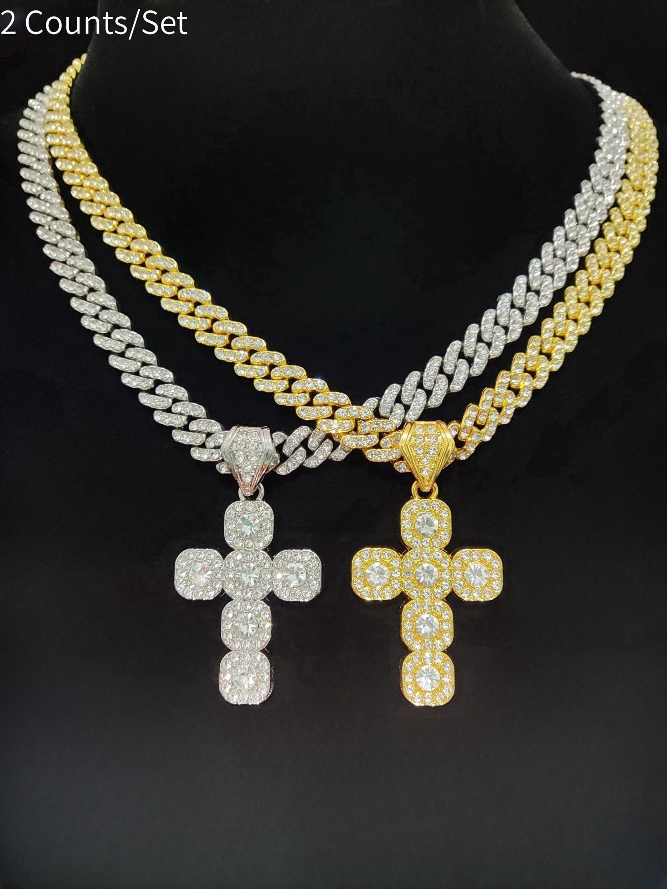 Hip Hop Artificial Diamond Cross Pendant Necklace As Gift, Elegant Rhinestone Necklace, Rhinestone Cuban Chain Link Necklace for Men Women, Streetwear Matching Chunky Rhinestone Decorated Jewelry for Daily, Cuban Link Design