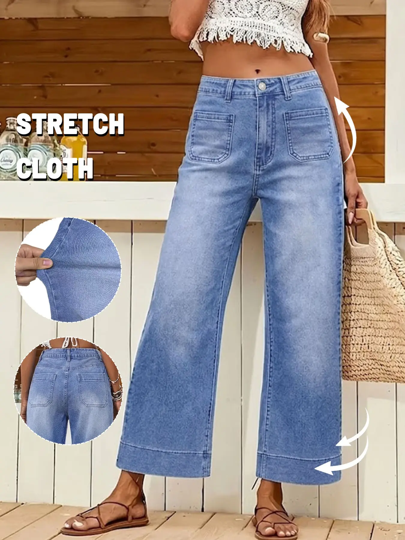 Lkuily Women's Light Wash Single Button Double Square Patch Pocket High Waist Ankle Length Baggy Wide Leg Jeans, Loose Drape Cuffed Straight Ankle Pants, Denim Trousers For Beach Vacation & Summer Daily Casual Wear Wideleg