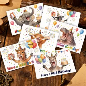 6-Set/12-Set/24-Set 2D Flat-Printed Fun Party-Style Wild Animal Birthday Themed DIY Greeting Card Set, with Envelopes & Blank Writeable Inner Pages, Blessing & Message Cards, Multi-Purpose Birthday Cards Suitable for Birthday Gifting