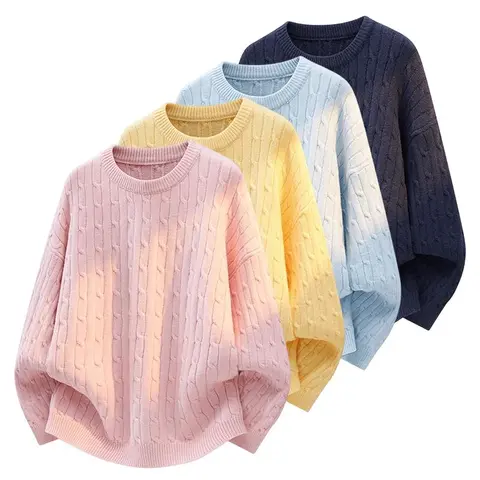 Women Soft Cable Knit Crew Neck Jumper, Solid Color Textured Long Sleeve Pullover Sweater, Cozy Casual Knit Top, Multiple Pastel Colors Available For Fall Winter Daily Wear#sohochic