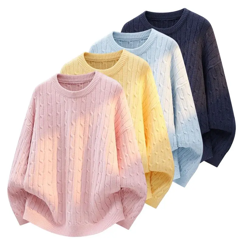 Women Soft Cable Knit Crew Neck Jumper, Solid Color Textured Long Sleeve Pullover Sweater, Cozy Casual Knit Top, Multiple Pastel Colors Available For Fall Winter Daily Wear#sohochic
