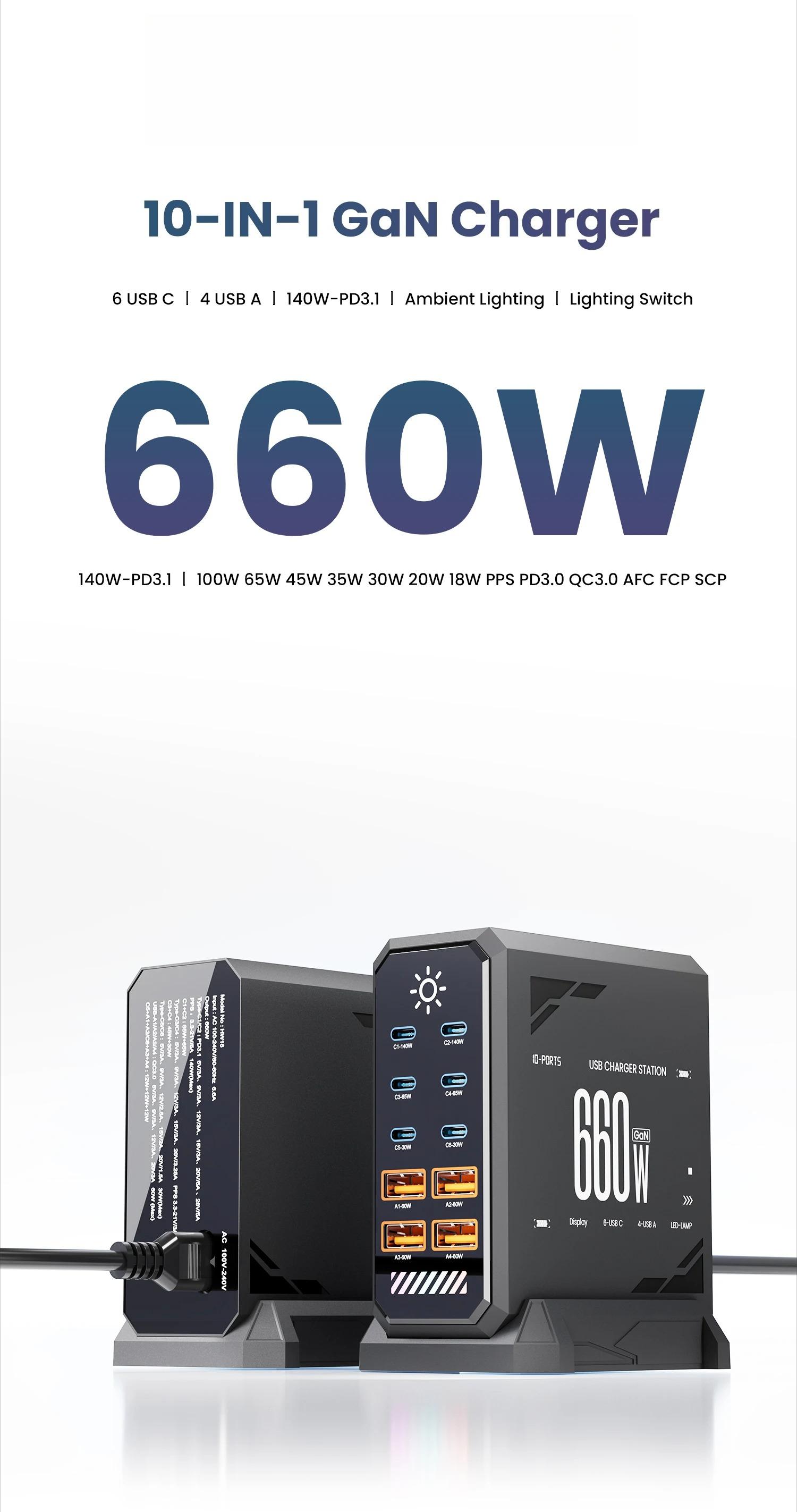 660W GaN USB C Charger Station 10 Port Fast Charger Type C PD3.1 PD3.0 PPS Quick Charger 660W GaN USB C Charger Station 10 Port Fast Charger Type C PD3.1 PD3.0 PPS Quick Charger