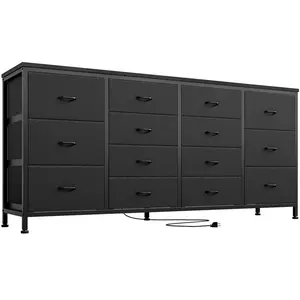 Garvee 14-Drawer Dresser, 63 Inches, Black Fabric with Power Outlet, Long Entertainment Center for Bedroom, Closet, Living Room, Entryway, Fits 65-75 Inch Screens