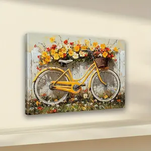The product is a flat, 2D piece, not 3D. It is a vintage yellow bicycle with bright floral designs on a wooden framed canvas. It is a wall art decoration for the living room, bedroom, or kitchen. It is a perfect gift for her or him. It is a bicycle decora