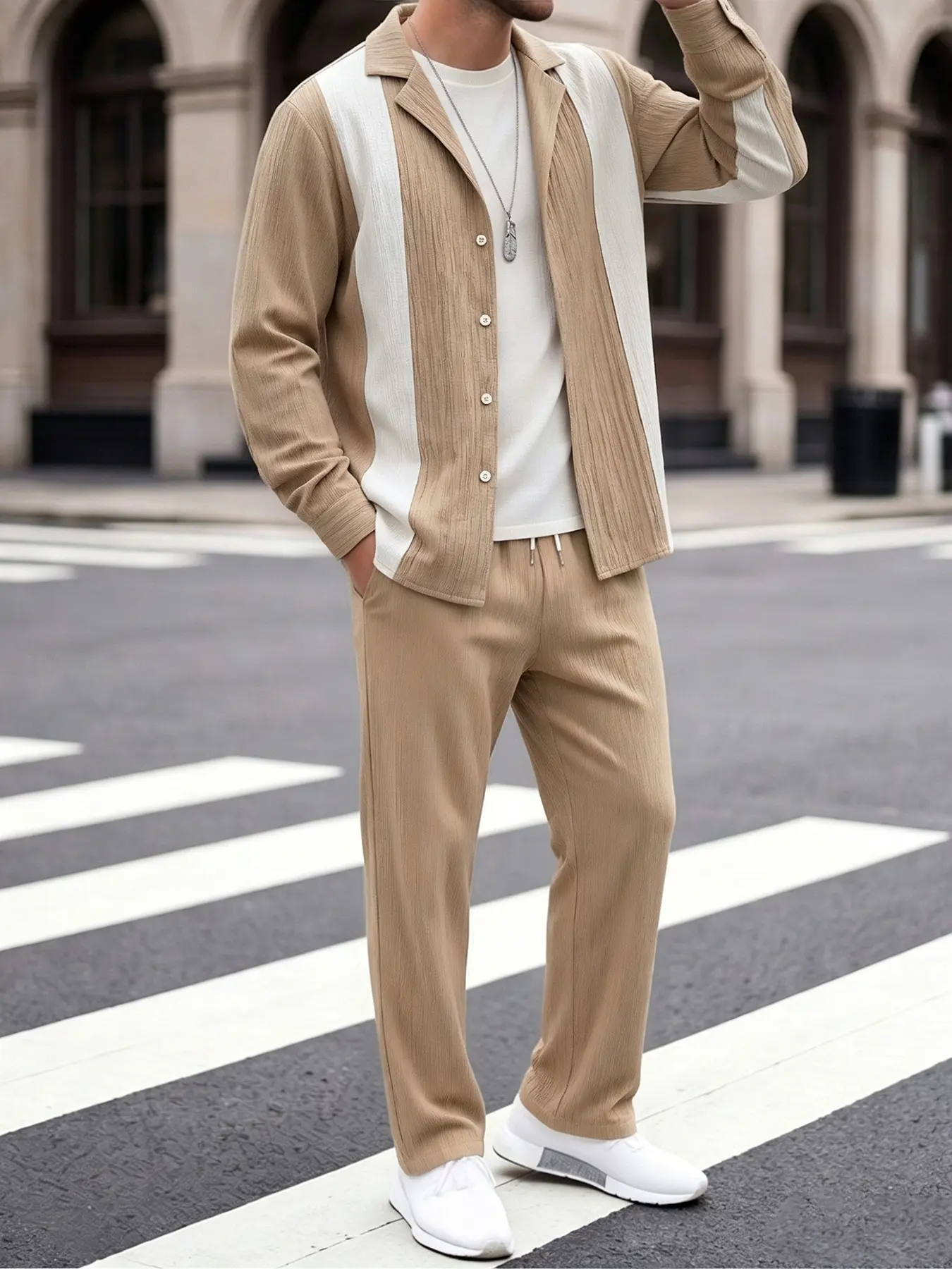 Men's khaki white contrasting vertical stripe splicing pleated texture lapel long sleeved shirt drawstring elastic straight leg pants home suit set casual pajama set daily home commuting versatile casual two-piece set