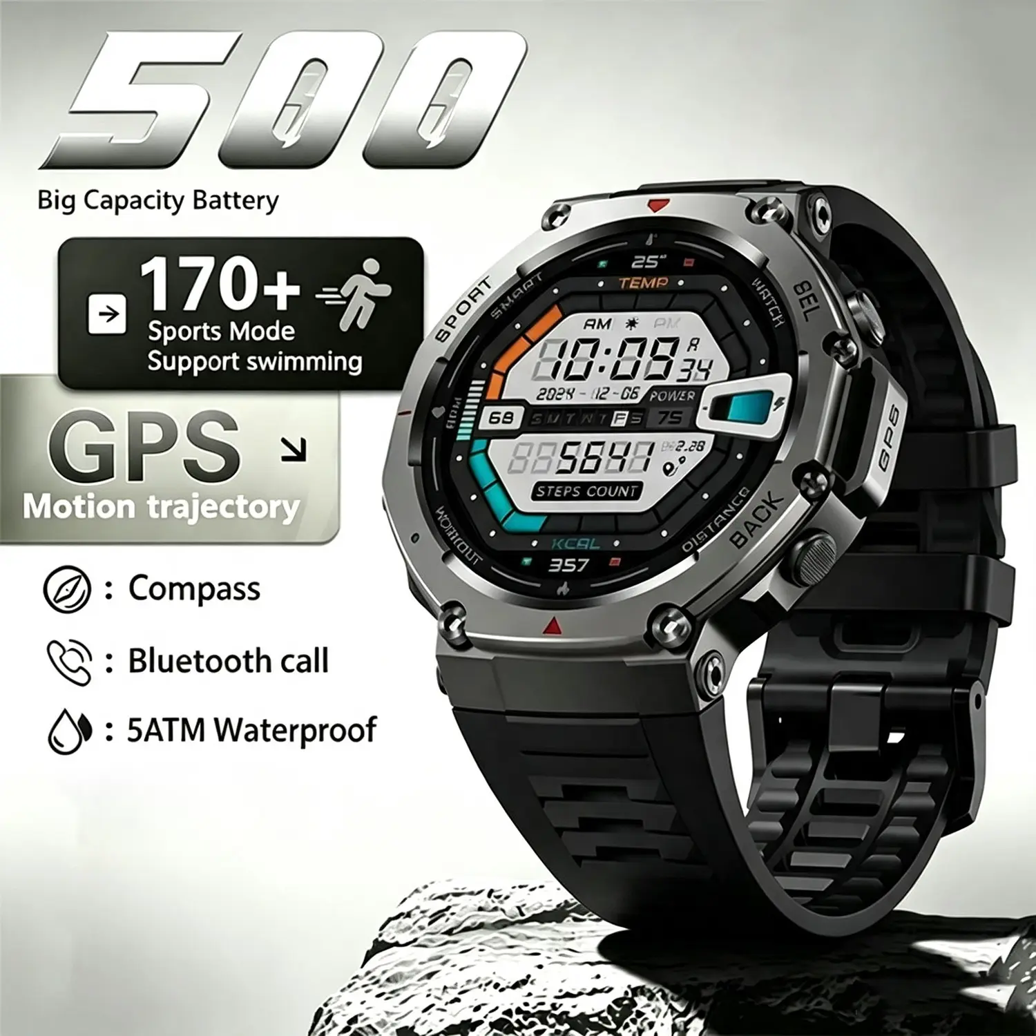 Round Smartwatch GPS for Men, Waterproof 5atm, Ideal for Water Sports, Surfing, Diving, Paragliding, Swimming, Stylish & Functional