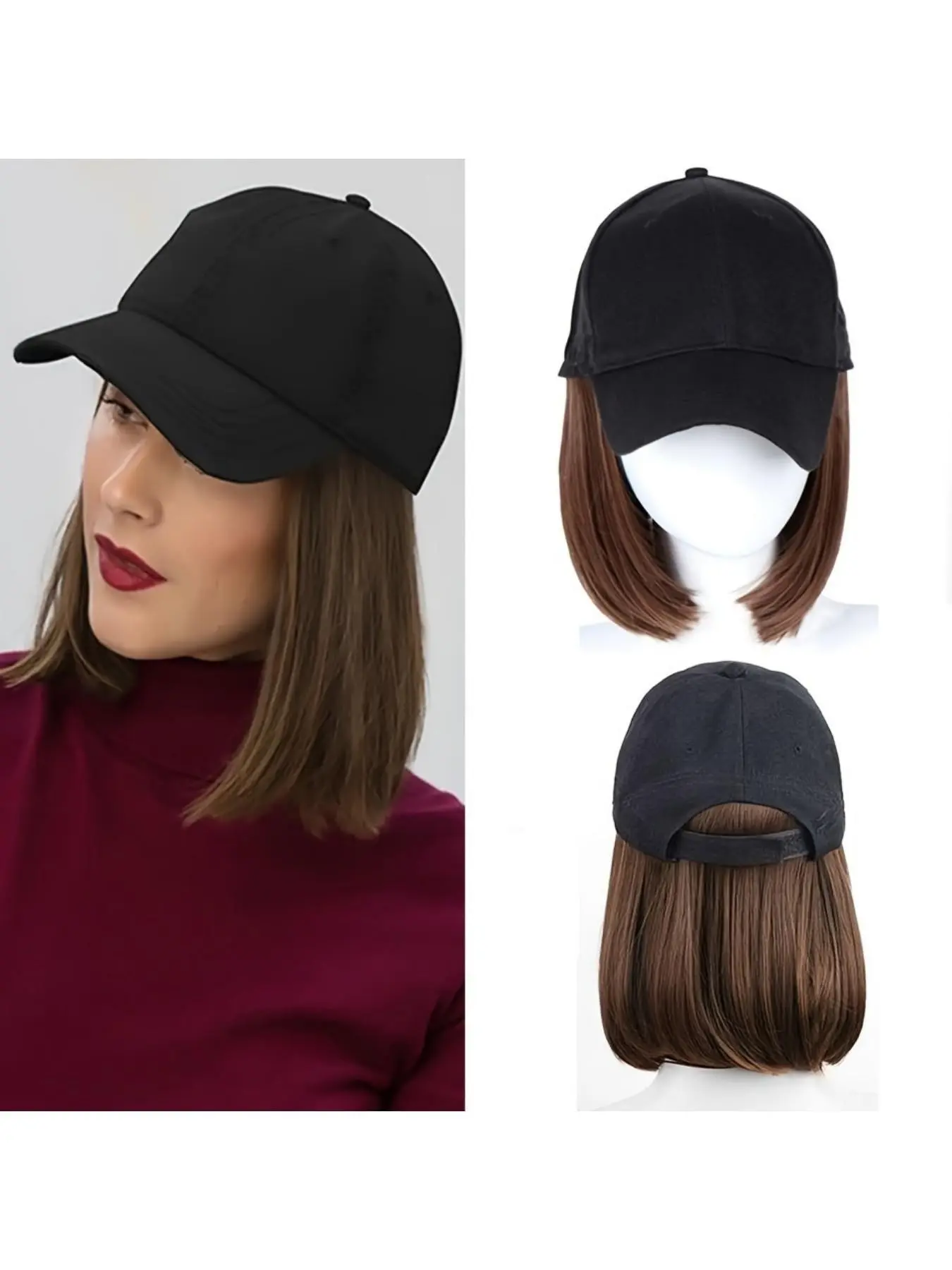 Baseball Cap Wig Short Straight Bob Synthetic Hairpiece Adjustable Hat Wig Natural Looking Easy Wear Instant Hairstyle Hair Extension Accessory for Women Daily Party
