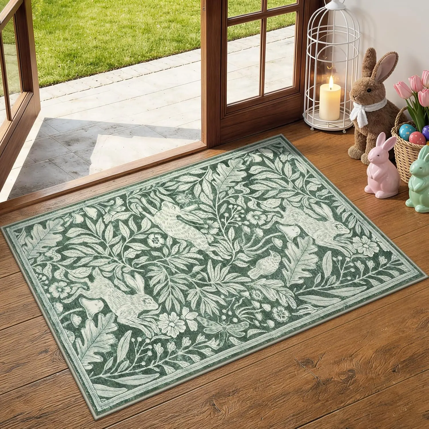 Nadine Forest  2x3 Rugs for Entryway, Soft  Washable Easter Bathroom Rug for Entrance, Whimsical Woodland Print Sage Green Door Mat, Non Slip Throw Carpet Rubber Backed