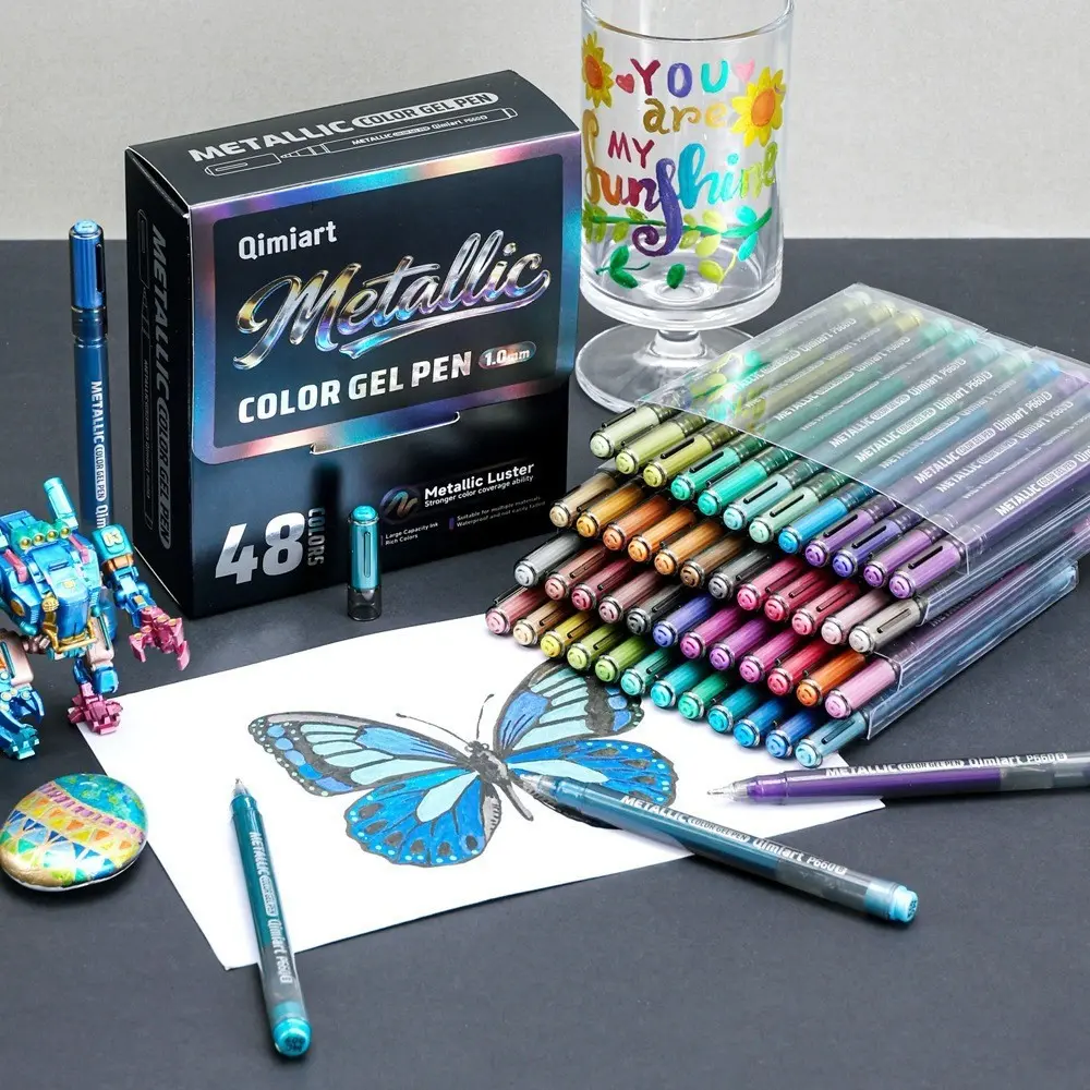 Qimiart Languo P660 Metallic Gel Pens, 48 Colors, 1.0mm Bold Point, Waterproof Shiny Ink, Ideal for Rock Painting, Nail Art, DIY Crafts