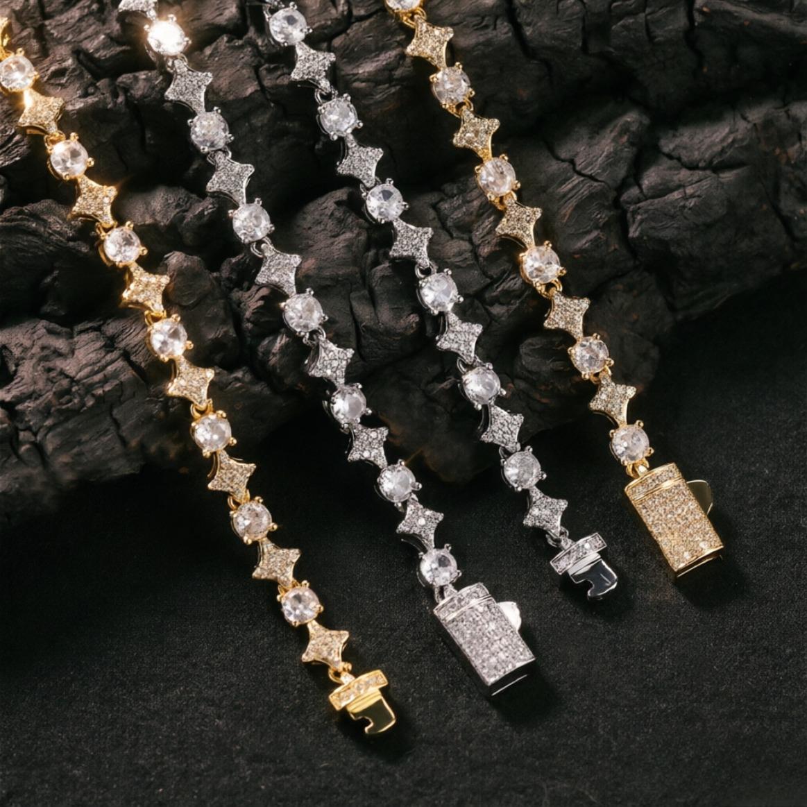 Mixed Quadrangular Star Tennis Chain Necklace & Bracelet Round Cut Iced Out Moissanite HipHop Jewelry Gift Luxury Shine Unisex Trend