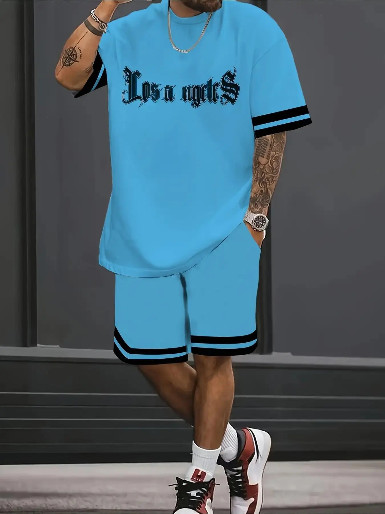 Vintage Gothic Los Angeles Letter Print Matching Set Men Striped Short Sleeve T-Shirt and Drawstring Shorts Hip Hop Streetwear Vibe Summer Outfit