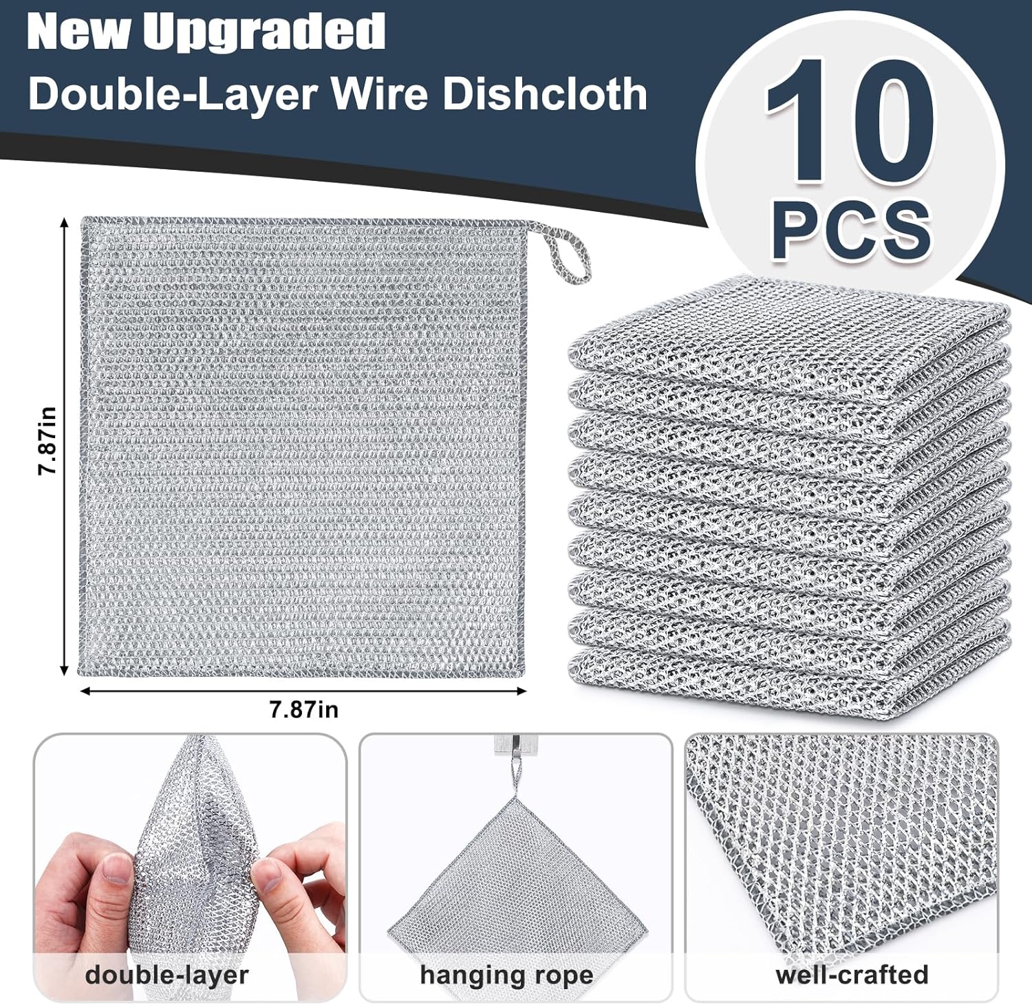 10 Count New Upgrade Steel Wire Dishcloth,Double-Layer Steel Wire Cleaning Cloth,Powerful Cleaning Non-Scratch Wire Dishcloth Rag for Cookware, Sinks, Dishes, Stove Tops
