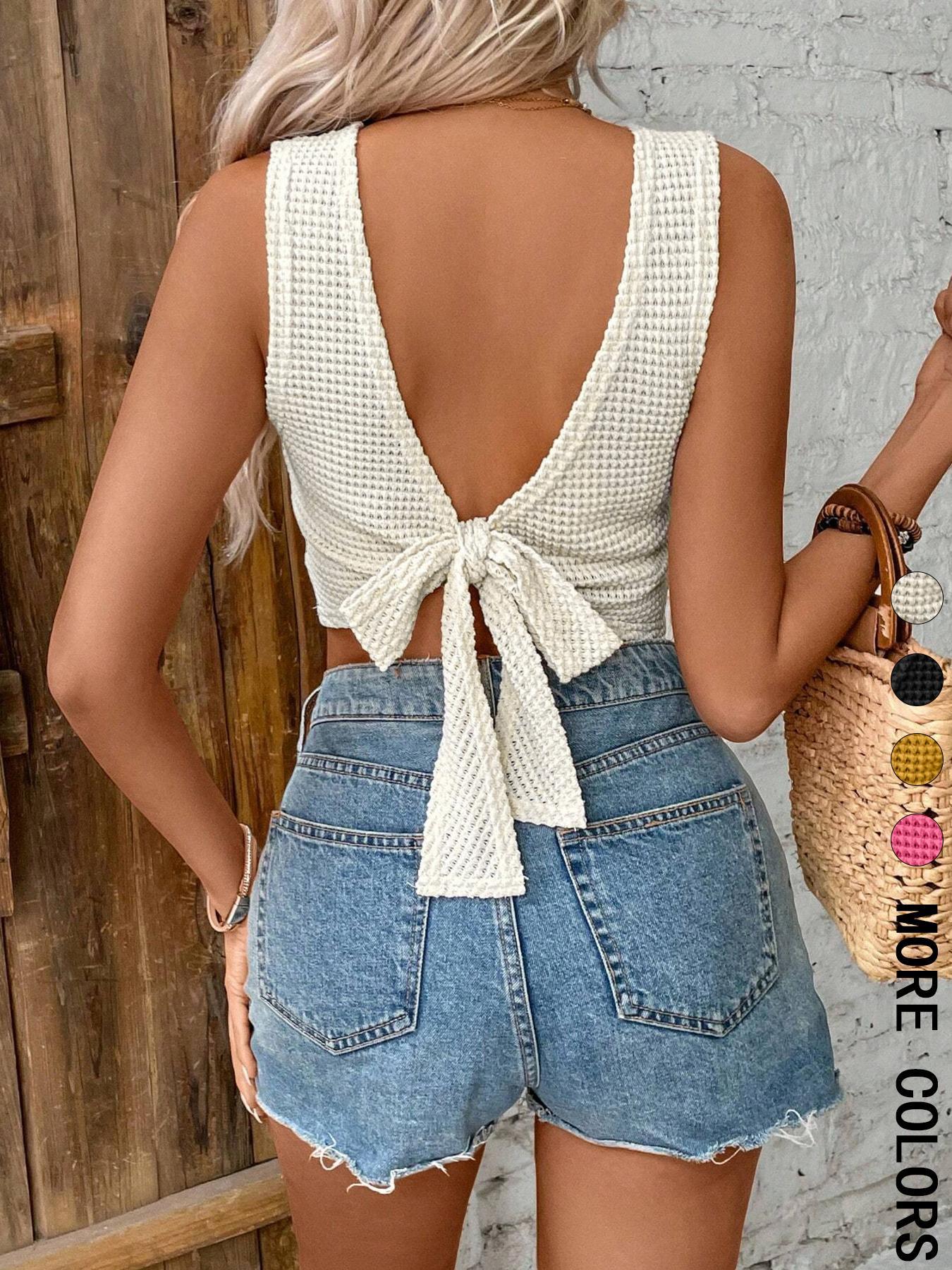 Women's Plain Tie Back Waffle Knit Tank Top, Cami Top, Casual Comfy Cami, Casual Sleeveless Top for Daily Wear, Ladies Clothes for All Seasons