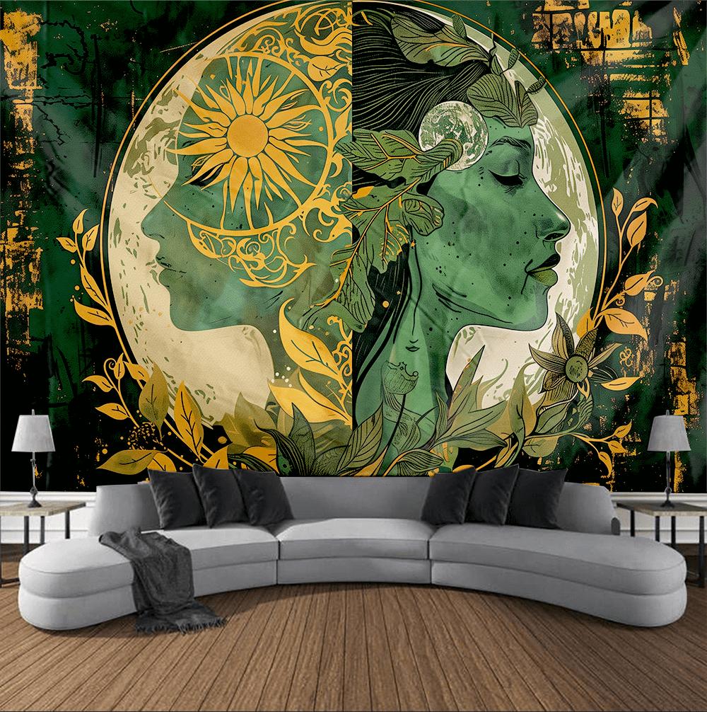 Sun and Moon Goddess Mandala Tapestry - Bohemian Style Decor, Mysterious Tattoo-Inspired Home Decoration, Polyester Material D