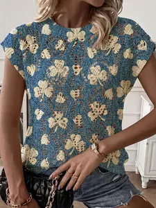 Elegant Women's Cartoon Clover Heart Print Round Neck Sweater Vest, Casual Sleeveless Knit Top, Breathable Summer Fall Clothing