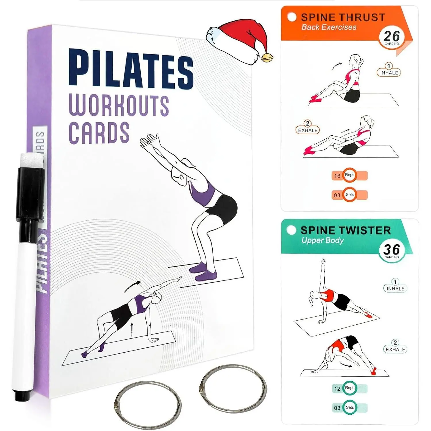 Women's Pilates Exercise Deck - 58 Posture Cards, 4-Week Plan, 2 Rings, Dry-Erase Tool, Multiple Intensity Levels for Gym or Studio Use