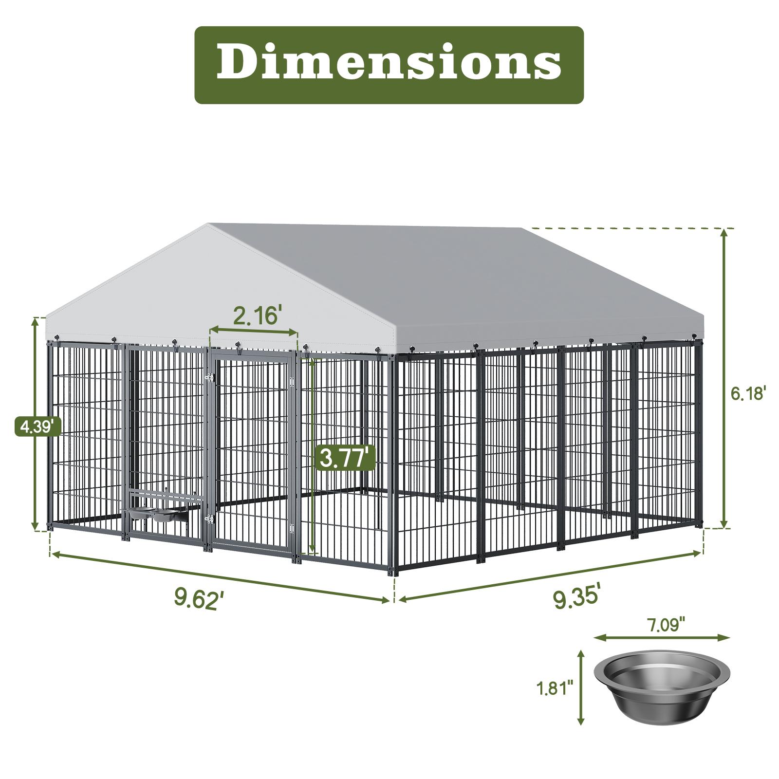 [Bellemave]Large Dog Kennel Outdoor Pet Pens Dogs Run Enclosure Animal Hutch Metal Coop Fence with Roof Cover.9.62'L x 9.35'W x 6.18'H.