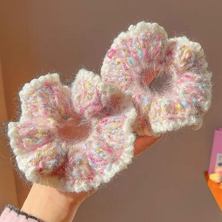 Female 2-Piece Multicolor Fuzzy Knit Scrunchies - Warm Woolen Hairbands & Scrunchies with Fuzzy Look, Elastic Hold, Metal Core, Cozy Ponytail Holders for Fall Winter, Daily Fashion Hair Accessories