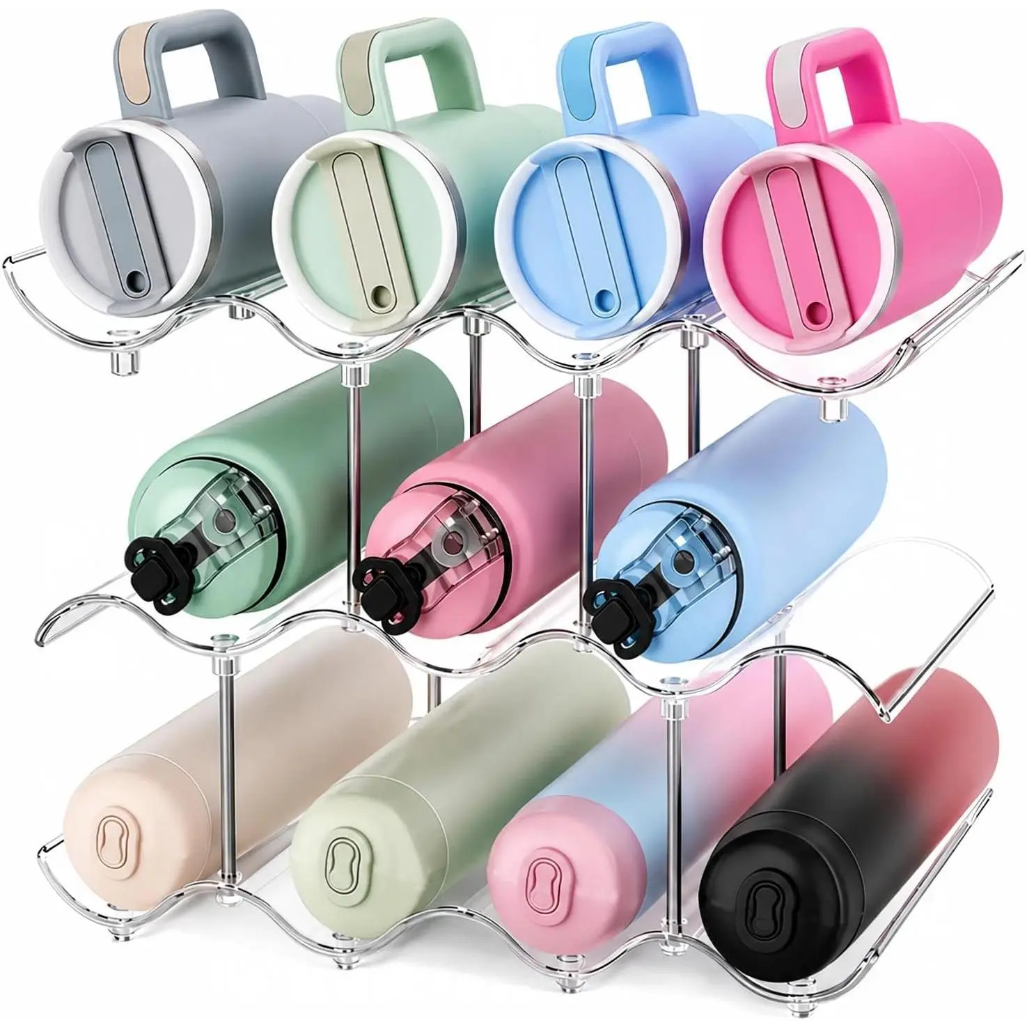 11 Bottle Stackable Water Bottle Organizer, 3 Tier Clear Tumbler Holder Rack for Cabinet, Pantry & Countertop, Wavy Cup Storage Organizer for Stanley Cups, Travel Mugs & Kitchen Organization