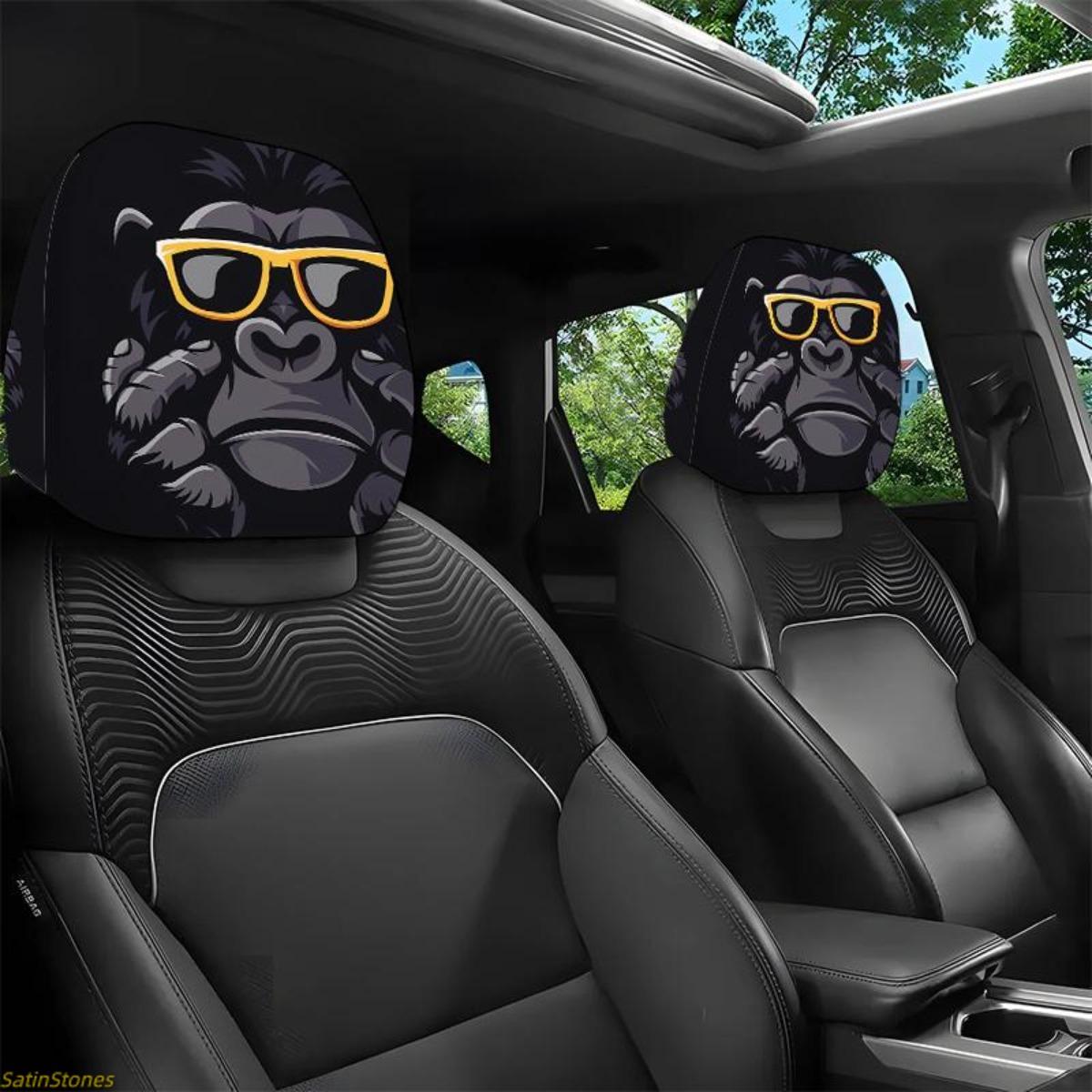 2 Pack Gorilla Headrest Covers with Stylish Eyeglasses, Gorilla and Sunglasses Design, Elastic Car Seat Protector, Truck Seat Cushion Protector, Easy to Install