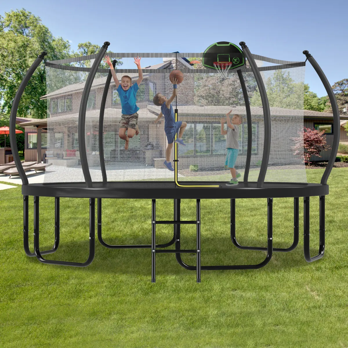 16FT Round Outdoor Trampoline for Kids & Adults, 1500LBS Capacity Functional Galvanized Metal Frame with Safety Enclosure, Basketball Hoop & Ladder for Jumping Sport & Trampoline Workout, Adults Kids, Enclosed Net