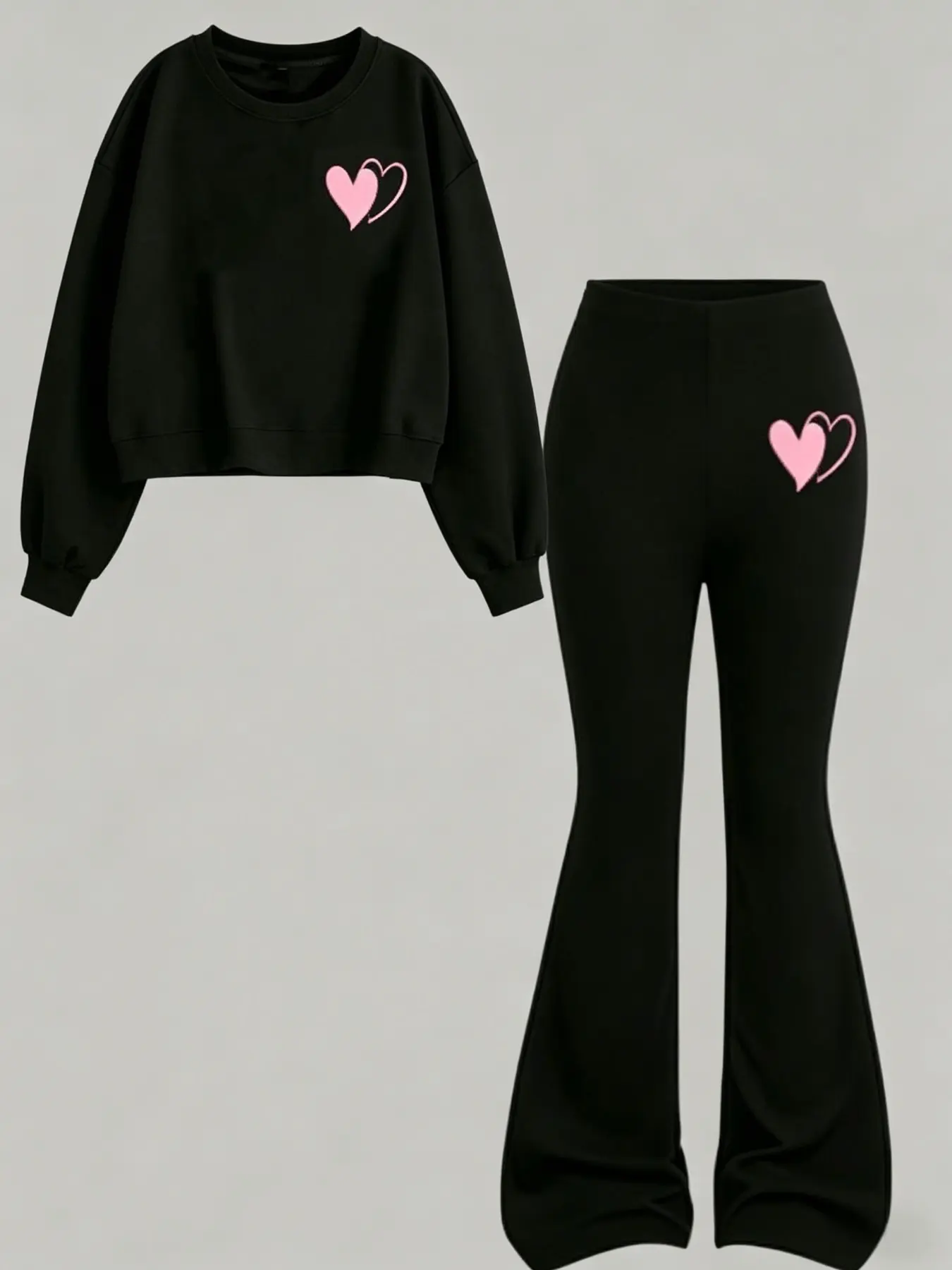 Kawaii double pink heart embroidered cropped sweatshirt matching flare pants two piece casual outfit young teen girls daily walk coffee date streetwear tiktok viral girl apparel