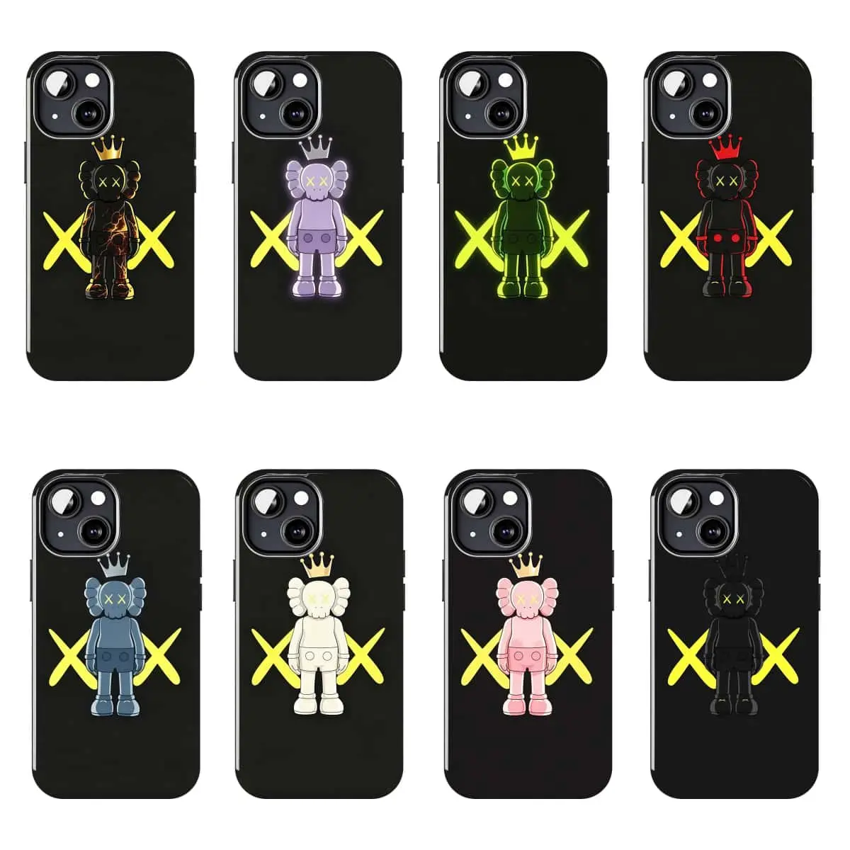 KAWS-style X-shaped eye phone case, crown-themed street art toy aesthetic protective case, compatible with iPhone 11–17 Pro Max/Plus series and Samsung Galaxy S23–S25 series.