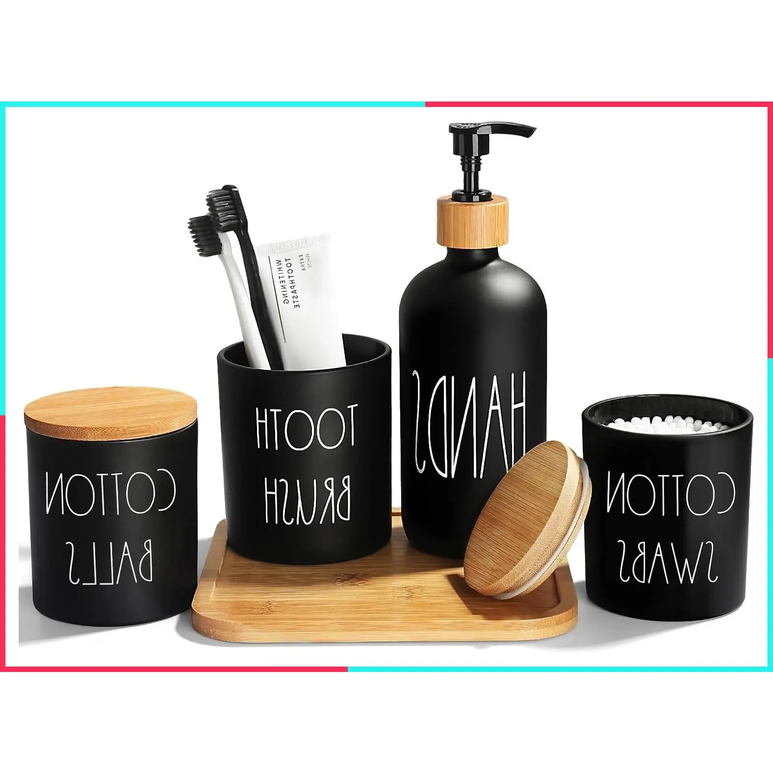 Matte Black Bathroom Accessories Set, 5 Pcs Glass Bathroom Set with Bamboo Tray, Soap Dispenser, Toothbrush Holder, Qtip Holder, Farmhouse Boho Complete Set