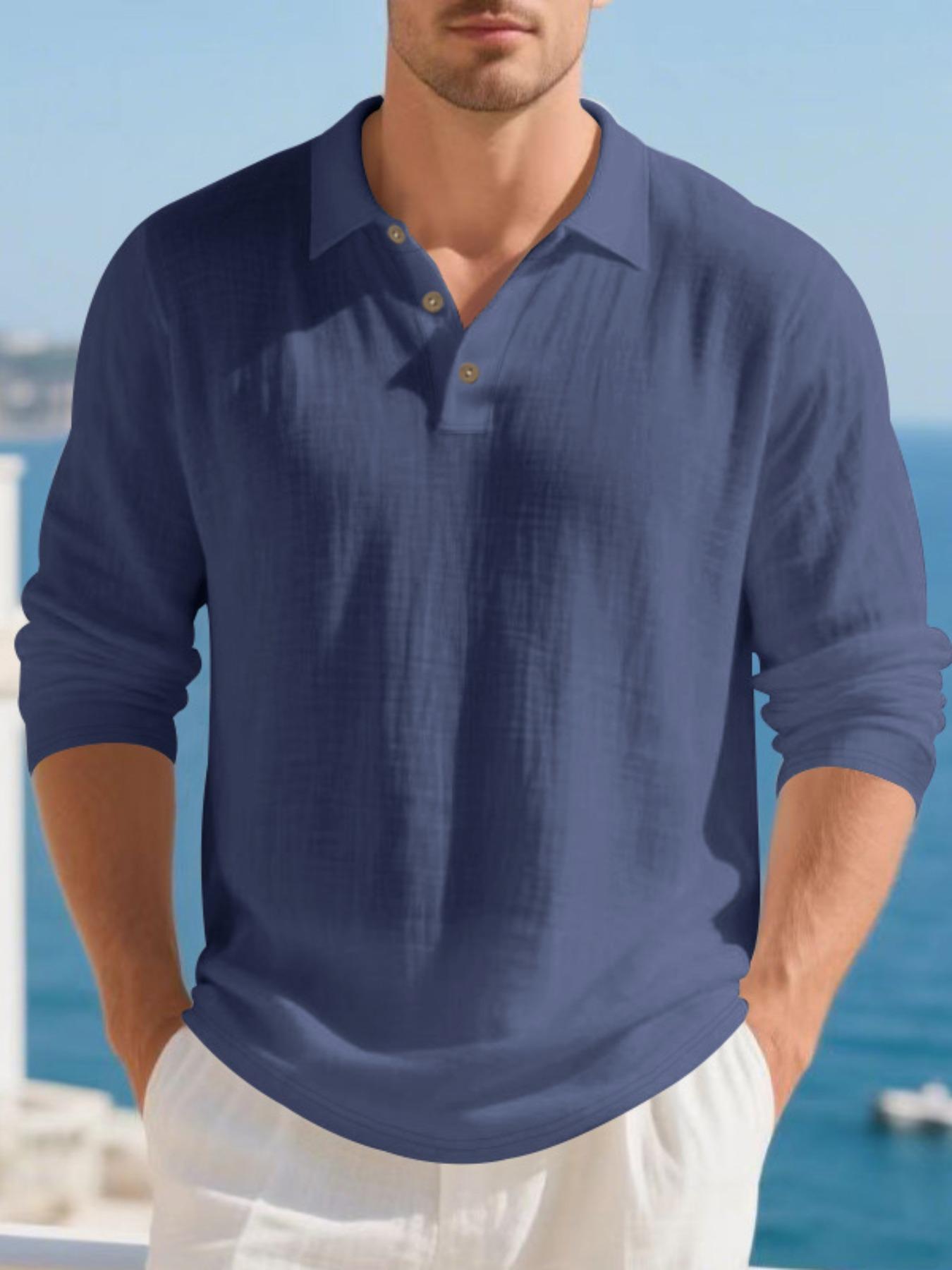 Men's Linen Long Sleeve Polo Shirt, Beach Vacation Style, Skin-Friendly Breathable Loose Fit, Casual Spring & Fall Wear, Menswear