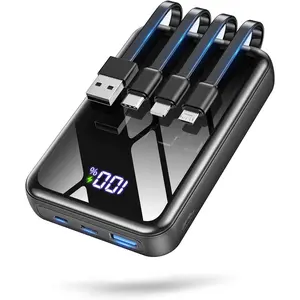 Portable Charger Power Bank 50000mAh, 22.5W Fast Charging Portable Charger with Built-in Cables, Travel Camping 4 Outputs External Battery Pack, LED Display for iPhone, Android, iPad, Black
