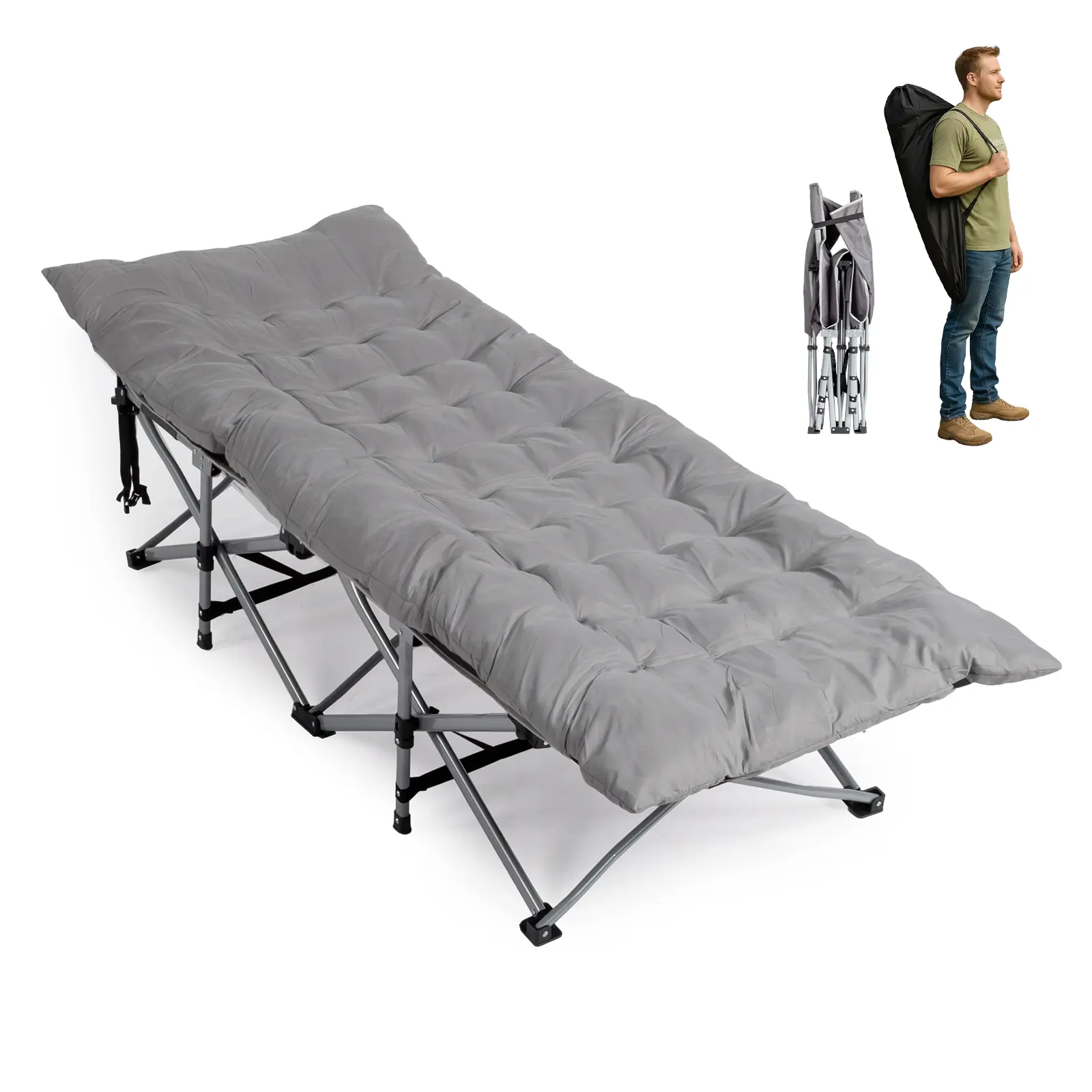 Adult Collapsible Cotton Camping Cot Bed - No Assembly, Ergonomic Elevated Head Support, Removable Soft Pad, Portable with Carry Bag, Convenience for Outdoor Camping, Office Naps, Guest Use