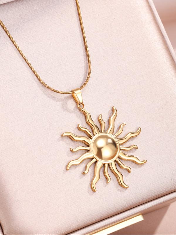 Stainless Steel Sun Pendant Necklace, Fashionable Chain, Elegant Rhinestone Design, Perfect for Daily Wear