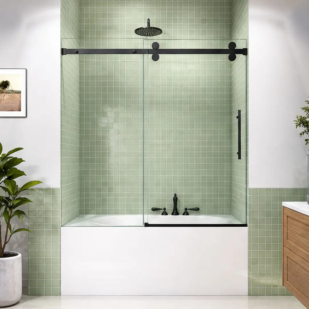 ARCH Frameless Sliding Tub Glass Shower Door Enclosure, 56-60"W x 60"H, 5/16" SGCC Tempered Glass, Matte Black Hardware, Minimalist Space-Saving for Compact Bathrooms, Smooth Quiet Rollers, Towel Handle, Glass Shower Doors