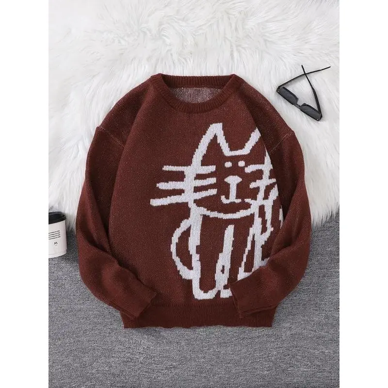 New Fashion Abstract Cat Jacquard Pullover Sweater, Casual Comfy Pullover, Casual Round Neck Knit Men's Jumper, Moderate Fabric, Fitted Style