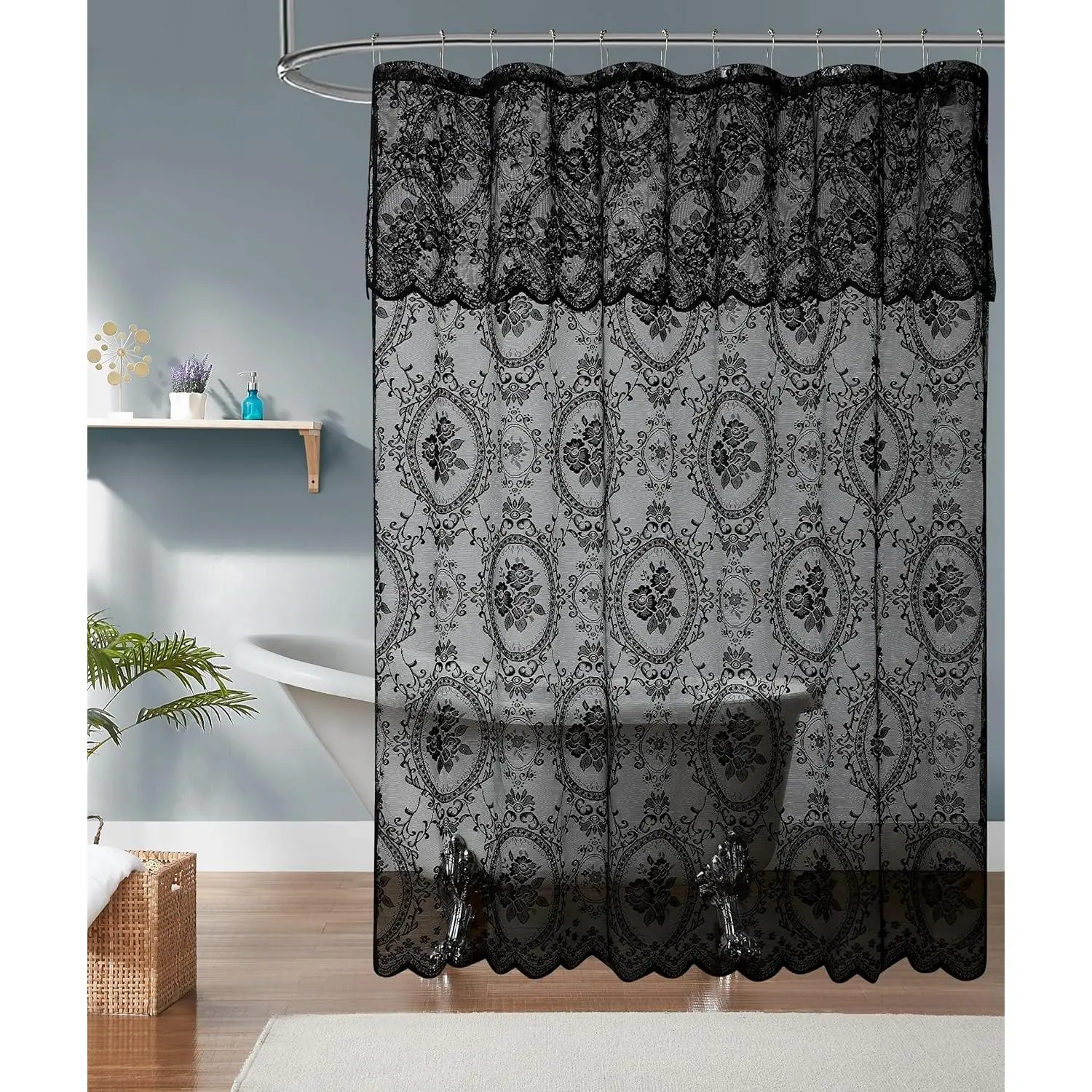 72 Inch Goth Vintage Shower Curtain with Black Valance, Perfect for Gothic Bathroom Decor
