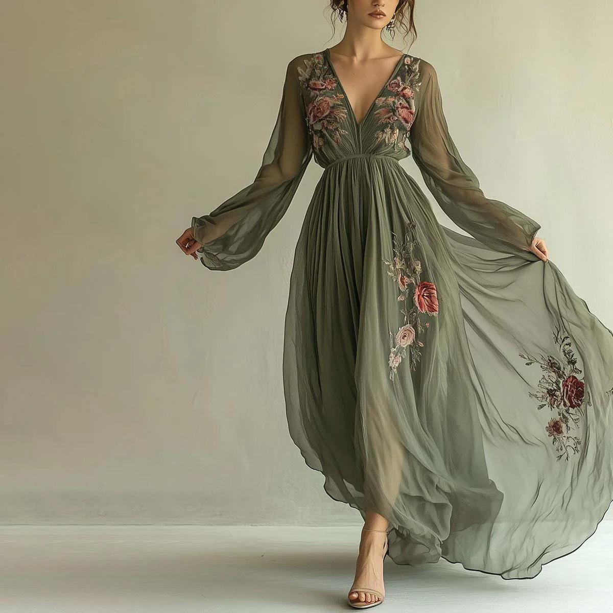 spring and summer digital positioning printing long sleeve long collar dress long dress