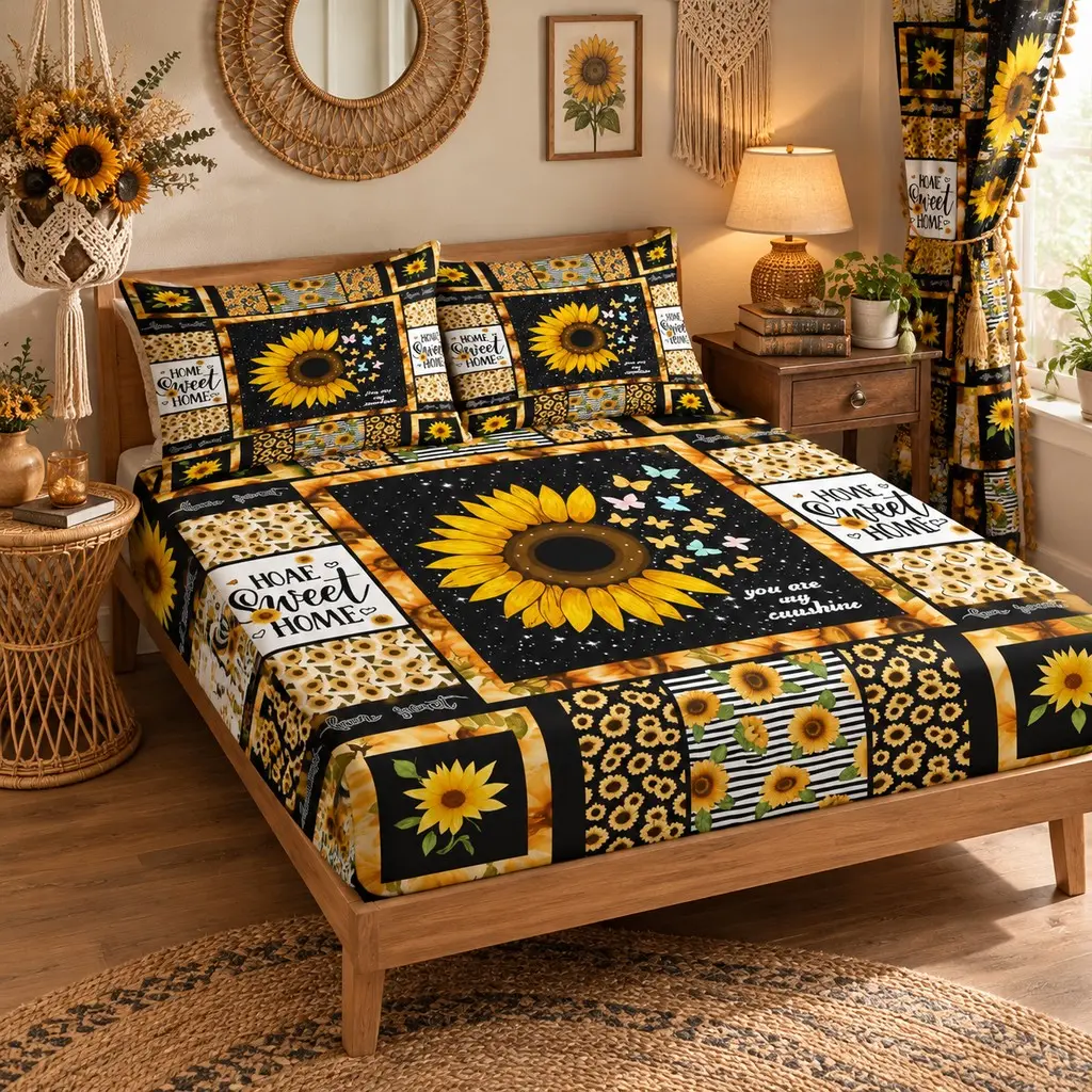 3PCS Sunflower Patchwork Fitted Sheet Set, Includes 1 Fitted Sheet and 2 Pillowcases (Pillows Not Included), Deep Pocket Full Wrap Design, Durable & Fade Resistant, Rustic Country Style, Create Warm & Cozy Home Decor for Bedroom