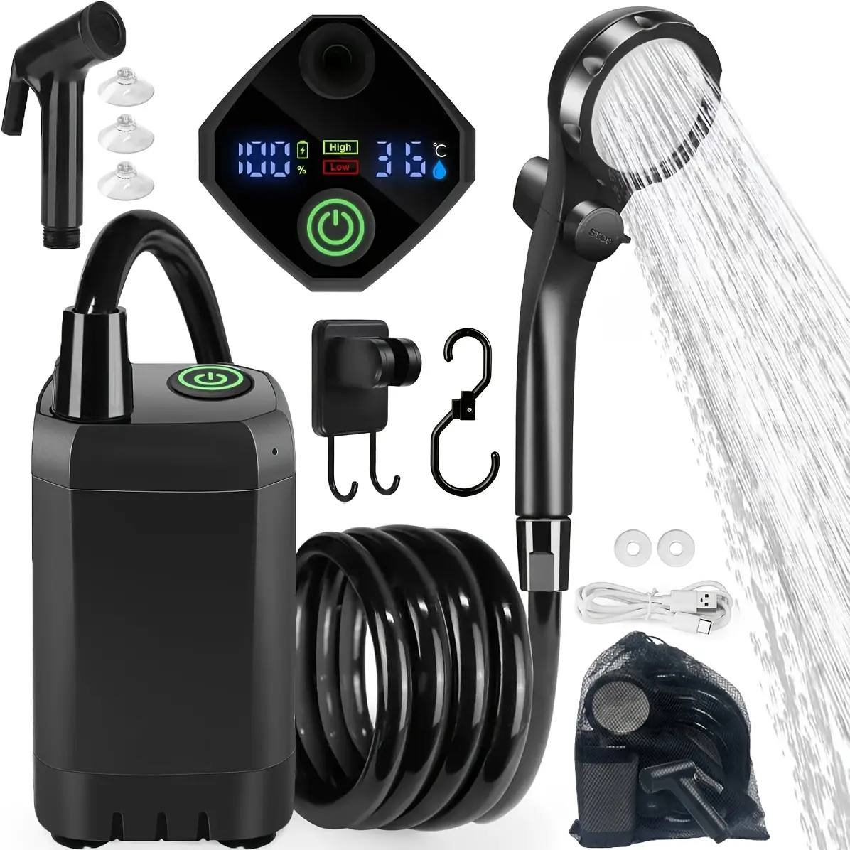 Portable Shower For Camping, 6000mAh Rechargeable Camping Shower With Intelligent LED Display, Multiple Shower Modes, IPX7 Waterproof, 3-in-1 Hook Design, 120 Min Runtime, Outdoor Camp Pump For Hiking, Pet Cleaning, Car Washing, Beach Use
