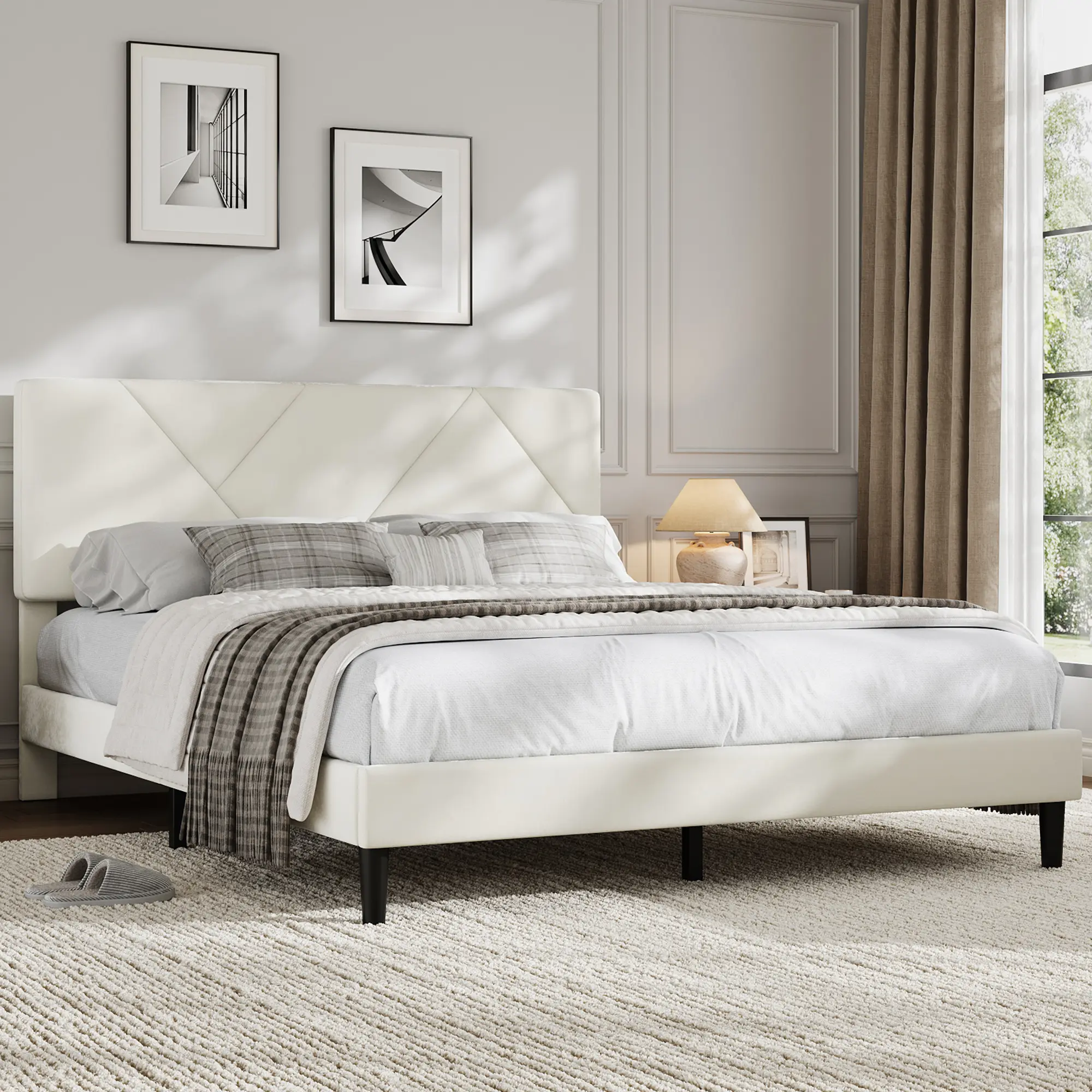 Full/Queen Beige Upholstered Platform Bed with Headboard & Sturdy Slats, No Box Spring, Noise-Free