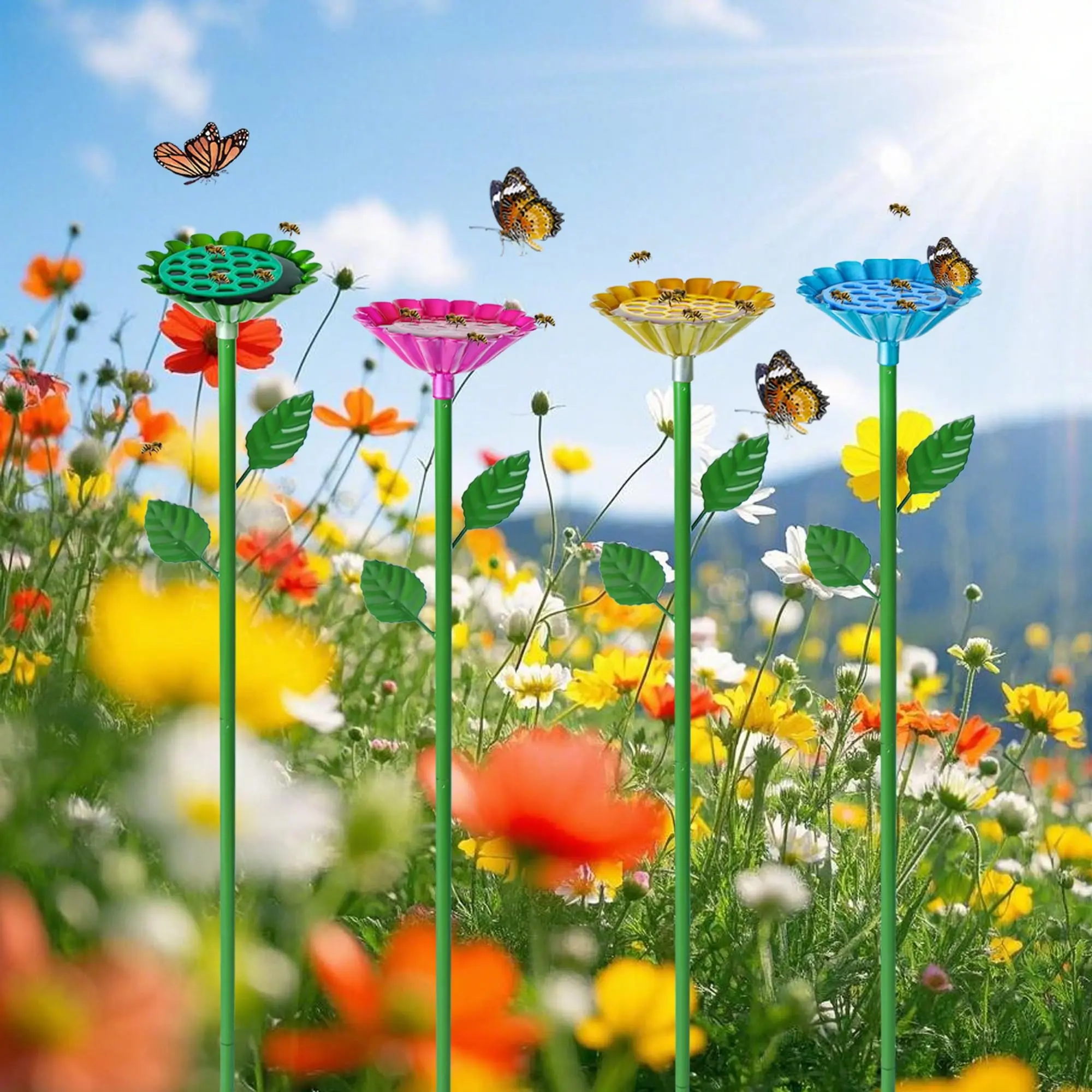 4 Pack Bee Watering Station, Bee Feeder for Garden Metal Construction Butterfly Water Feeder with Flower Design Colorful Butterfly Bee Bath Bowl for Outdoor Yard Garden Decor