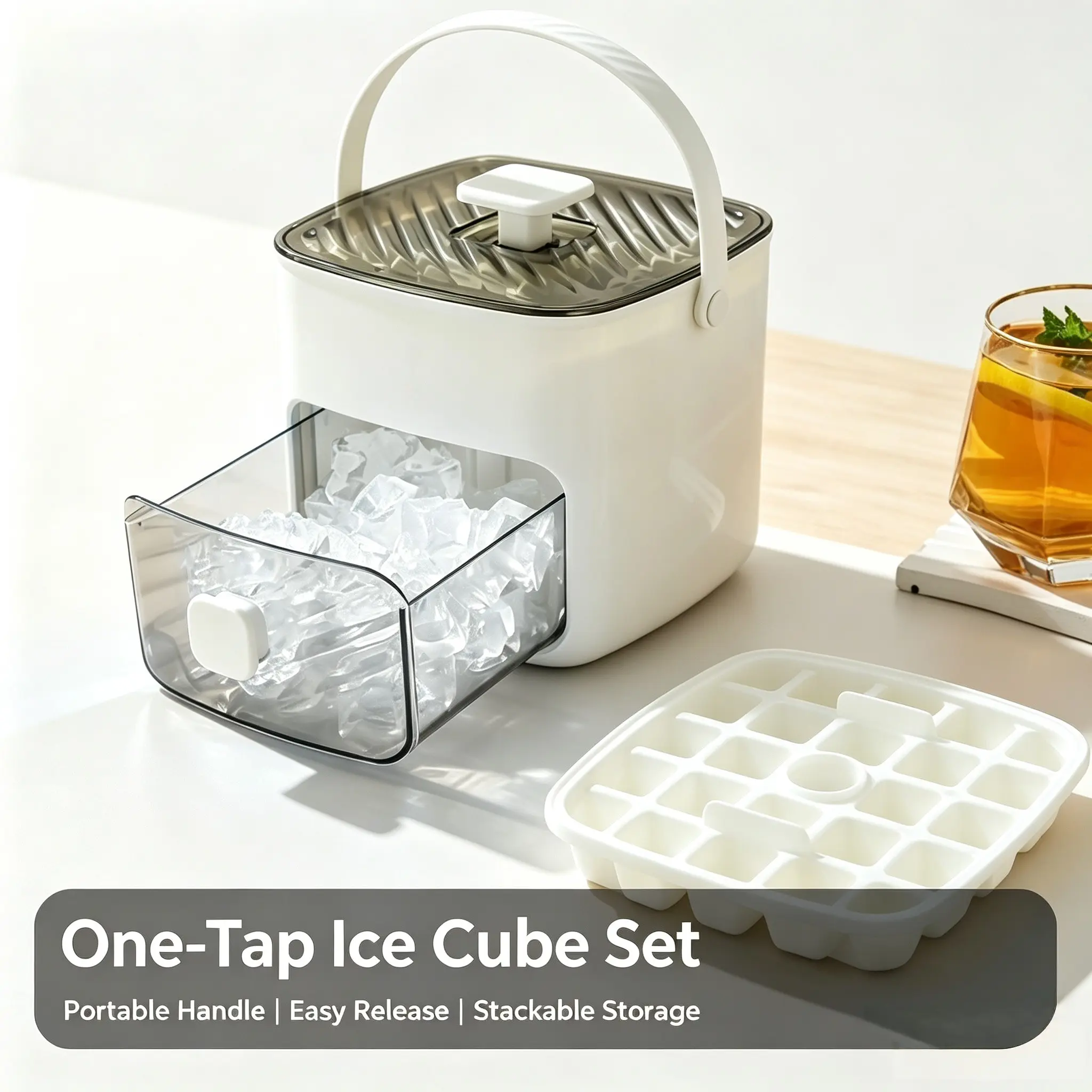 One-Tap Easy Release Ice Cube Tray Set with Pull-out Storage Bin & Portable Handle, BPA-Free Food Grade Plastic Ice Mold with Lid for Cocktails Whiskey Juice Drinks, Stackable Freezer Ice Container for Home Party Camping, Ice Cube Trays For Freezer