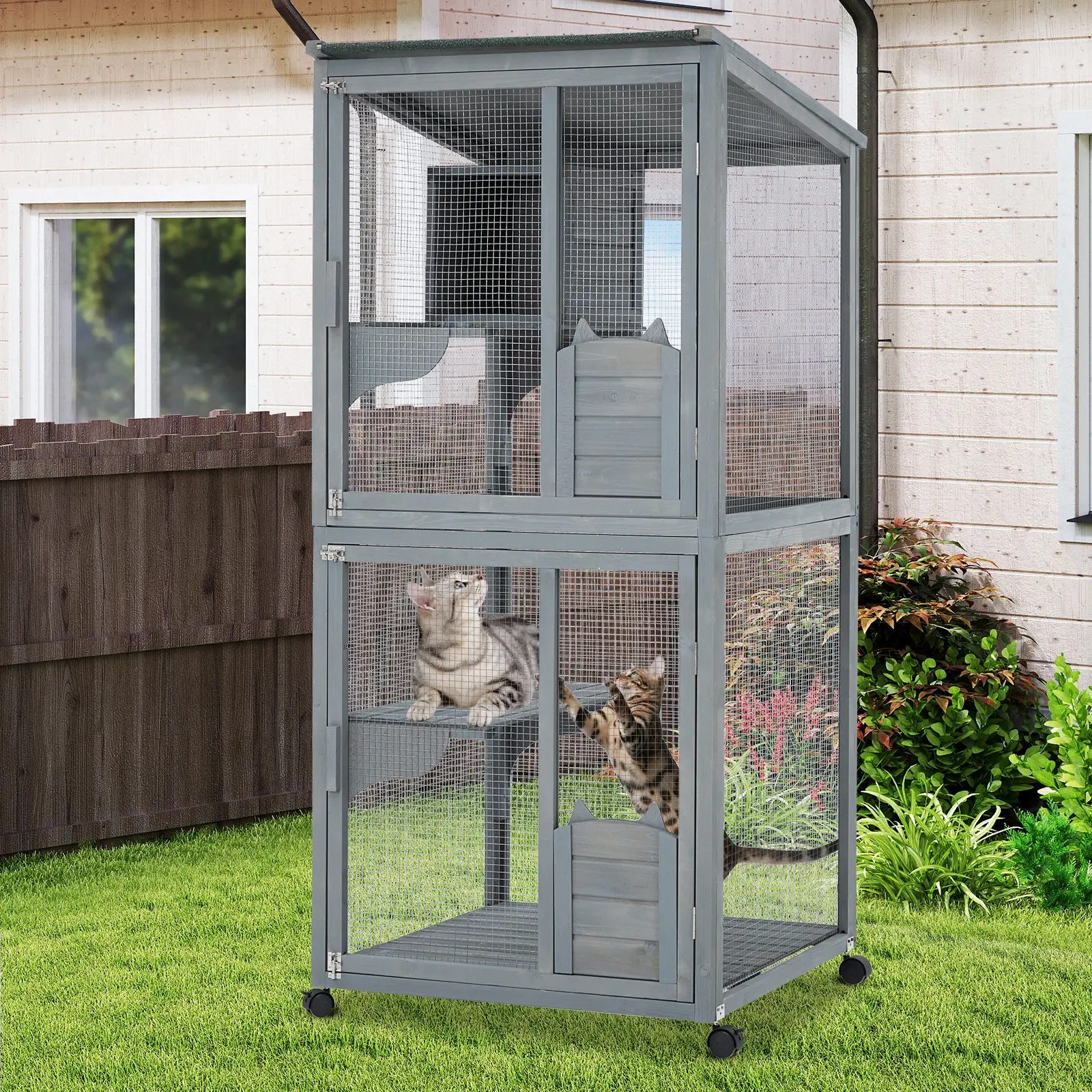 69in Wooden Catio with Wheels & Roof, 4-Tier Outdoor/Indoor Cat Enclosure with Rest Box, Platforms, Locking Doors