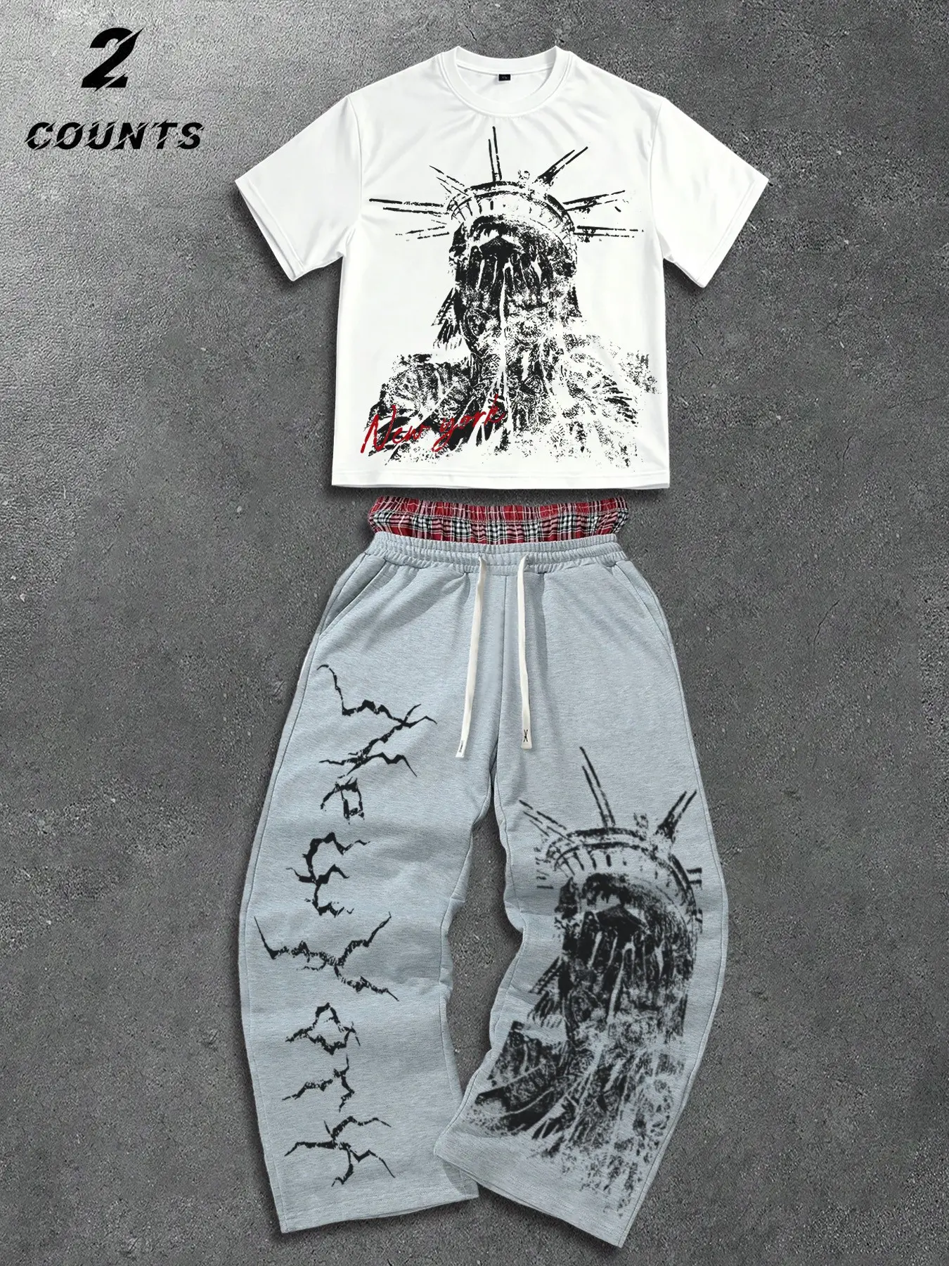 Men's Distressed Streetwear 2 Piece Set, Casual Matching Sets, Black Loose Oversized Round Neck "Covered Liberty" Graphic Tee + Crack Print Wide Leg Pants, Plaid Waist Drawstring Outfit for Urban Grunge, Punk & Festival Style